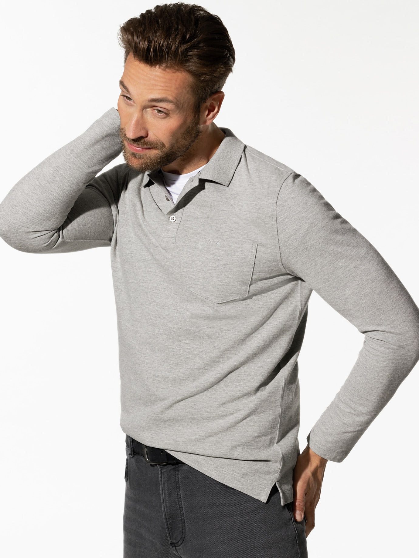Walbusch Poloshirt Herren Pique Polo Pima Cotton Langarm Baumwolle, Flachstrickkragen, atmungsaktiv