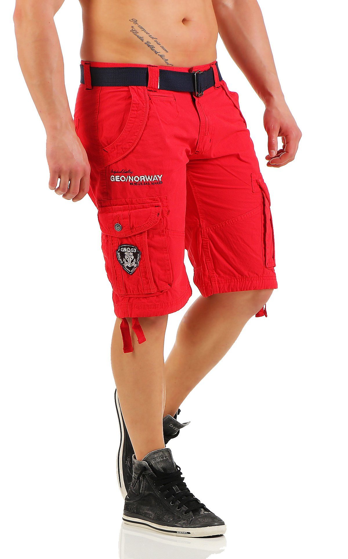 (mit Rot abnehmbarem Herren Cargoshorts kurze Geographical Shorts Hose, unifarben Gürtel) POUDRE Geographical Shorts, Norway Norway