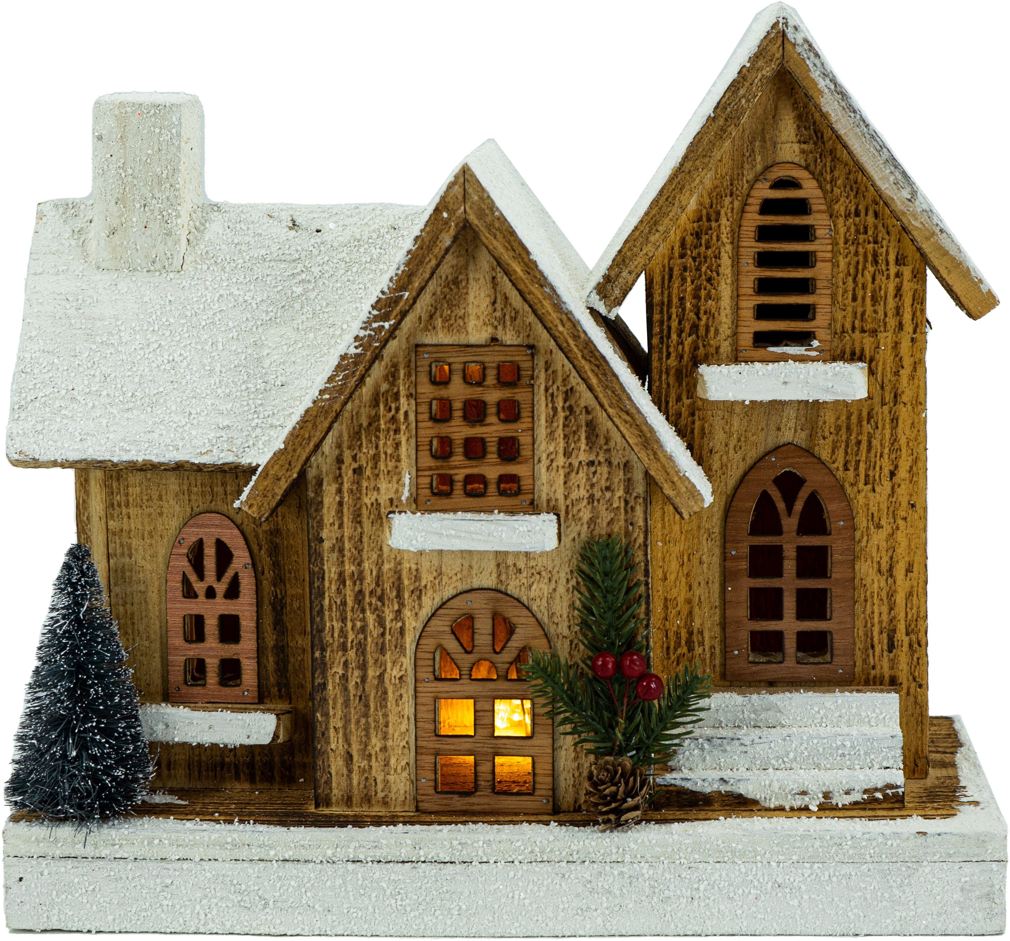 NOOR LIVING Weihnachtshaus Weihnachtsdeko, Kirche gefertigt, Höhe 29 cm aus Naturholz