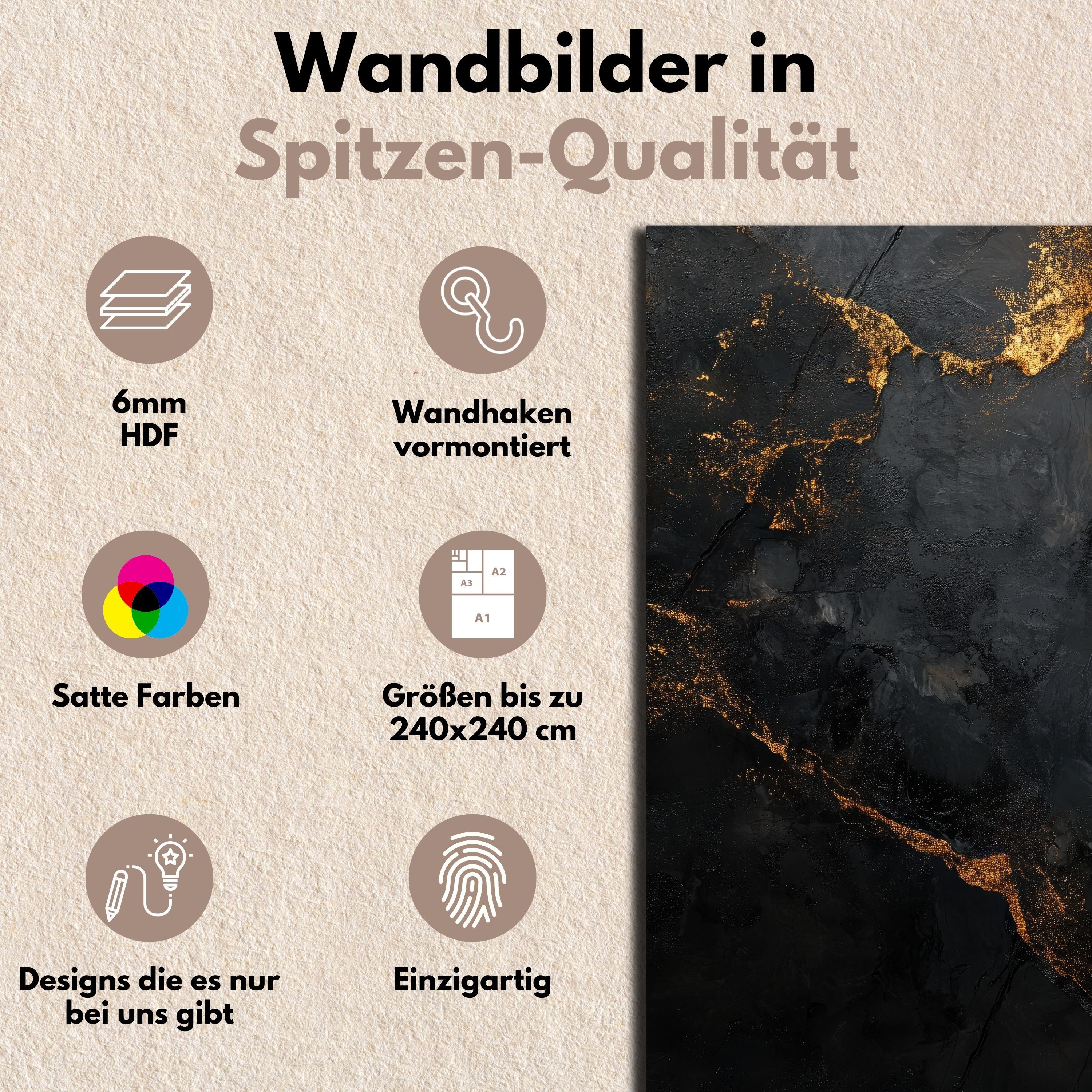 DARO Design Leinwandbild Modern Abstrakt Wandbilder XXL Wandbild Wand Deko Leinwand Bilder, (Kugel Schwarz Gold - Bild Groß Wohnzimmer Schlafzimmer Küche Esszimmer Einteilig Querformat Fotodruck Leinwände Wanddeko Abstrakte Kunst Boho), 30x20cm
