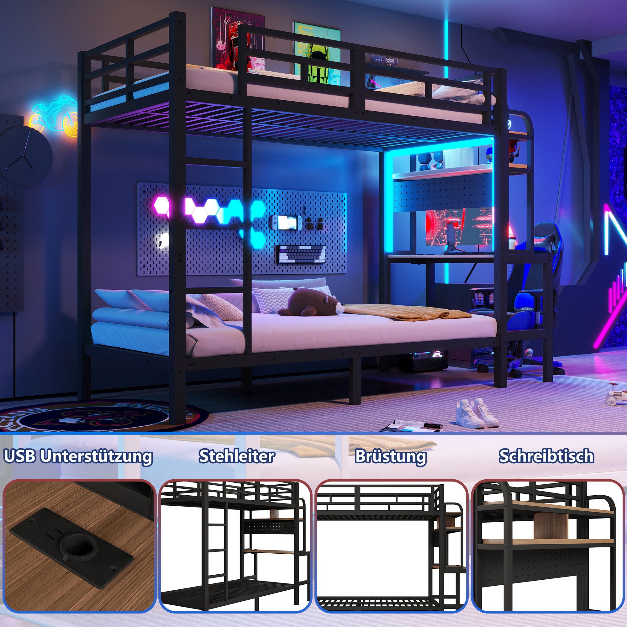 Merax Etagenbett 90x200cm mit LED-Beleuchtung & USB-Anschluss (Jugendbett Stockbett Doppelbett, 1-St), Metallbett Kinderbett mit Schreibtisch Ablagefächern Gelä – Bild 5 von 5