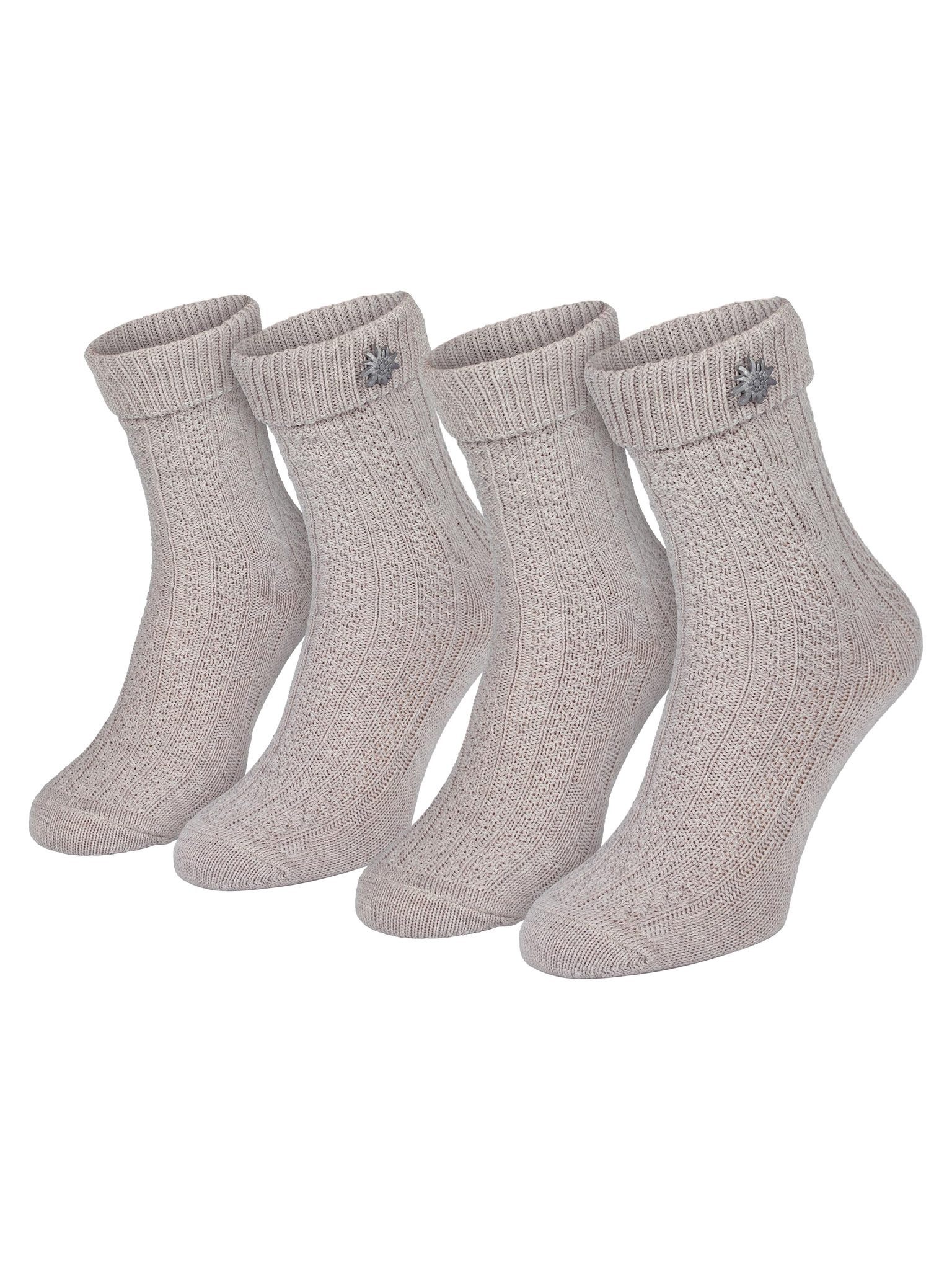 Black Snake Trachtensocken Kurze Damen und Herren Schoppersocken mit Edelweiß-Pin und Zopfmuster (Socken-Set, 2-Paar, Beige 43/46) Umschlagbund aus Baumwollmix mit abnehmbarem Anstecker zur Lederhose