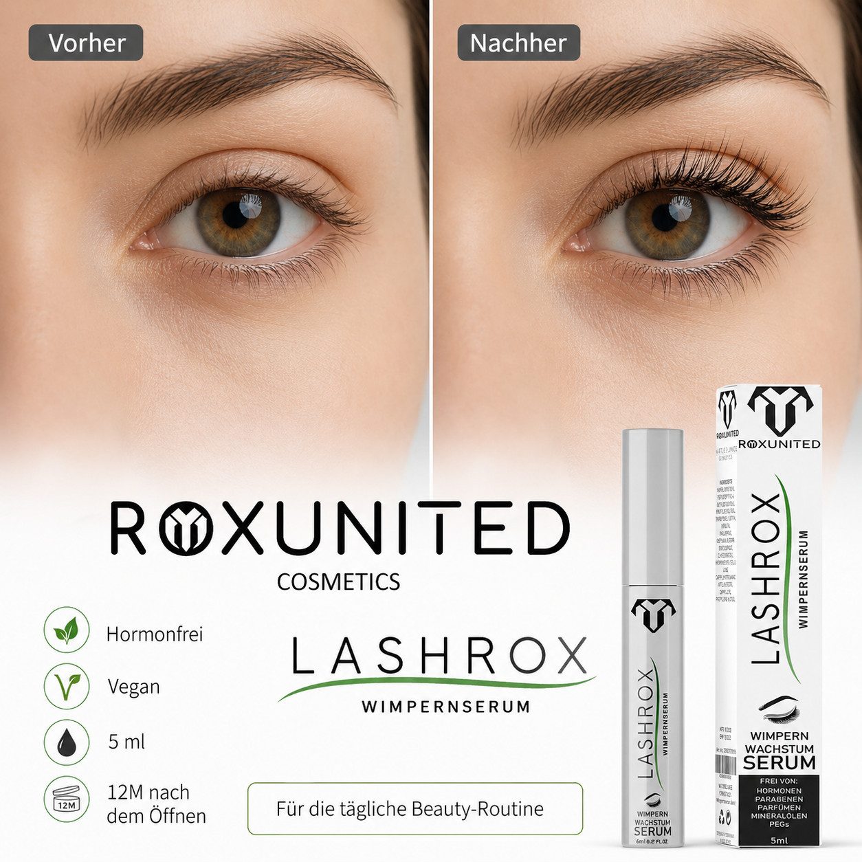 ROXUNITED Wimpernserum [Vergleichssieger 2026] LASHROX, Hormonfrei, Biotin & Koffein 5ml – Bild 2 von 5
