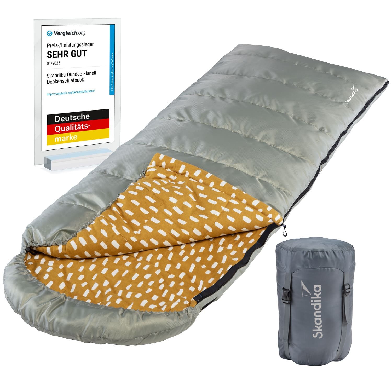 Skandika Deckenschlafsack Dundee Baumwollflanell, Koppelbar, Kopfteil mit Kordel, 3 Jahreszeiten, bis -20°C, Packsack mit Kompressionsbändern, 220x80cm