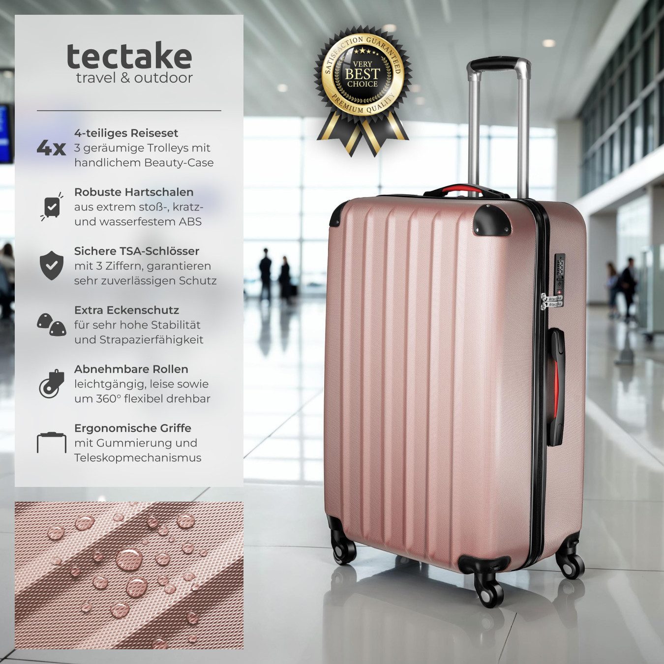 tectake Trolley Reisekoffer-Set aus robustem ABS-Kunststoff, mit TSA-Zahlenschloss, 4 Rollen, 3 Trolleys und Beauty-Case, mit Teleskopgriff, abnehmbare Rollen