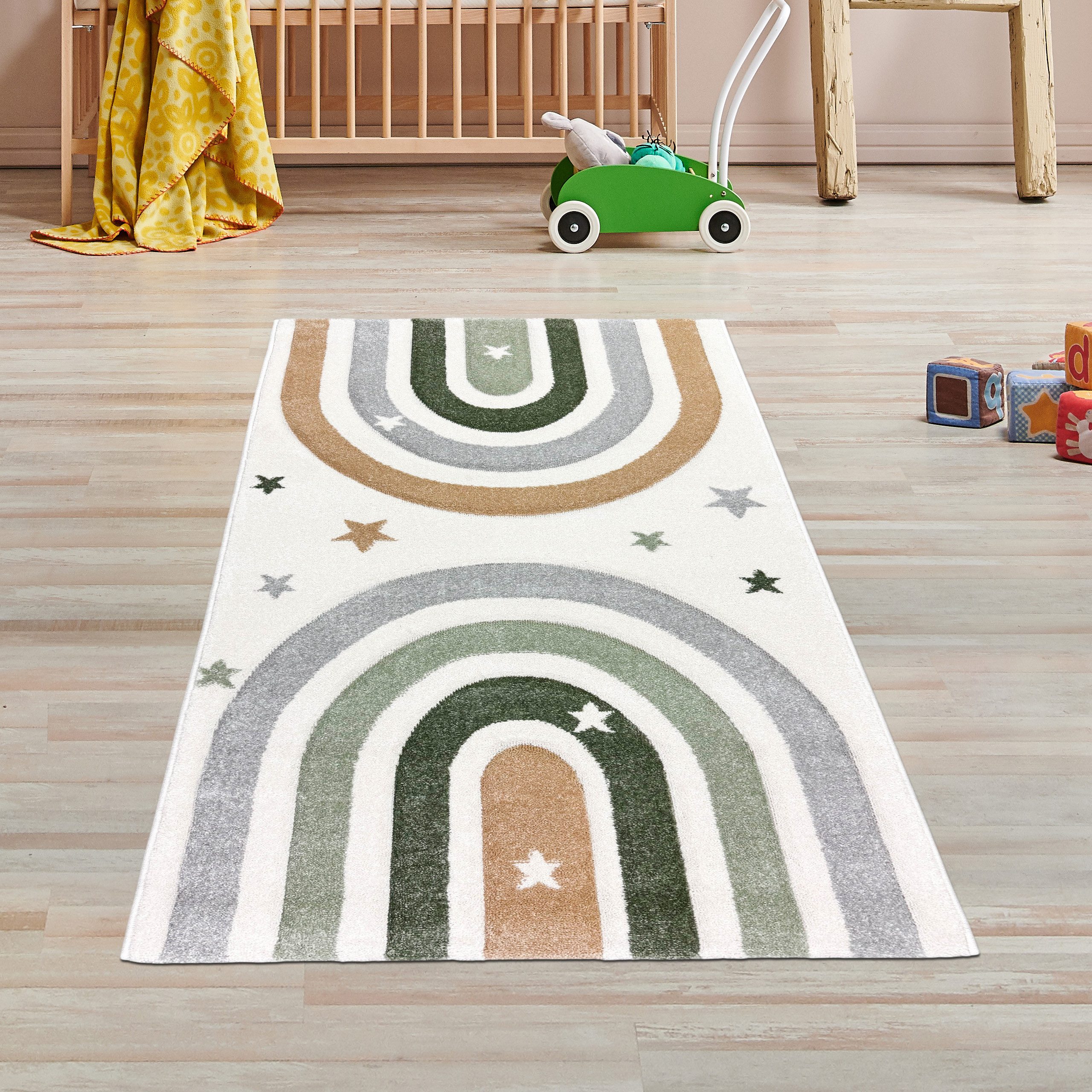TeppichHome24 Kinderteppich Kinderzimmerteppich Pastelltöne mit Regenbogen-Design in creme pastell, rechteckig, Höhe: 10 mm