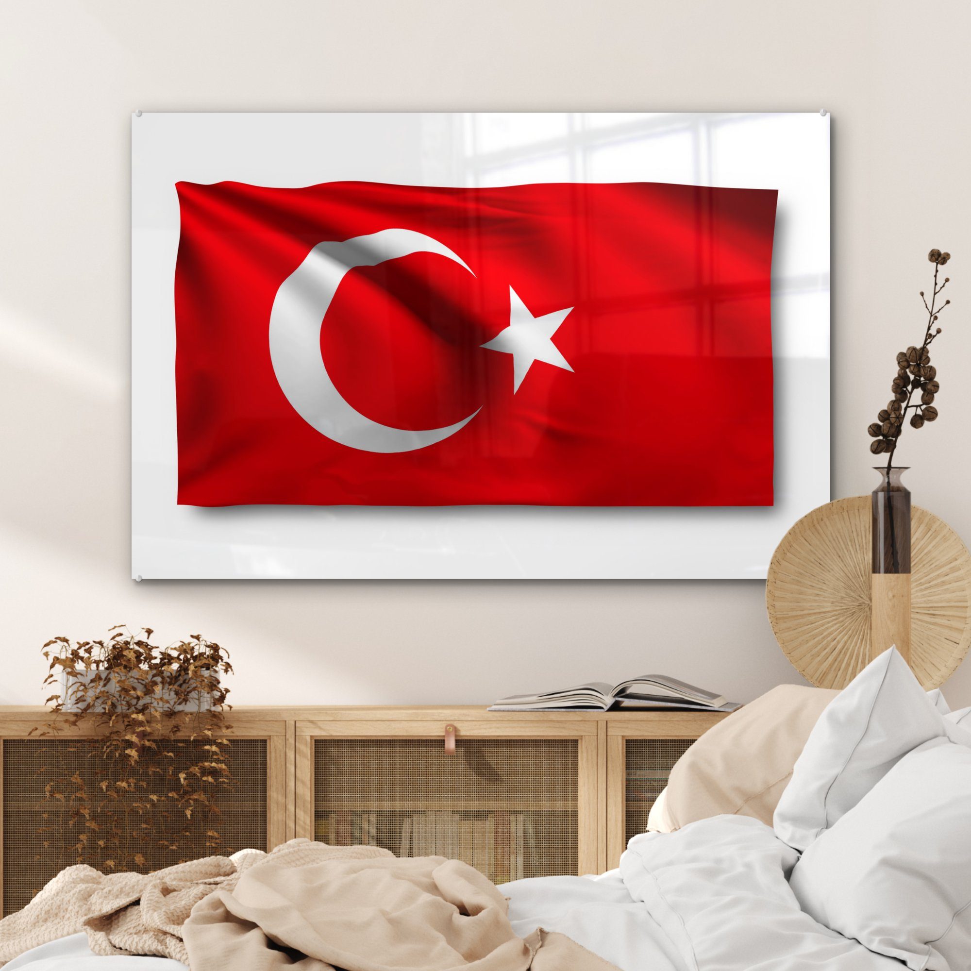 Türkei Acrylglasbilder MuchoWow Wohnzimmer St), auf Flagge der Hintergrund, Acrylglasbild & weißem (1 Schlafzimmer