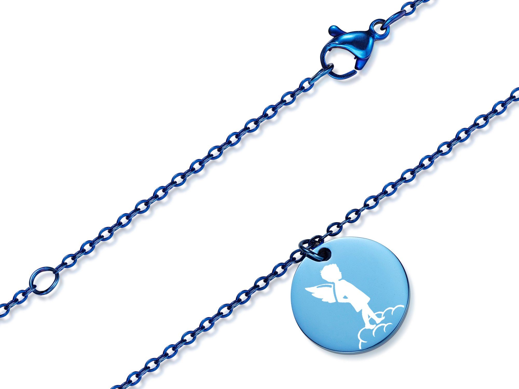Halskette mit Längen Kette vier Edelstahl, - wählbar Silberkettenstore Farben und zwei Anhänger Anhänger mit Engel blue