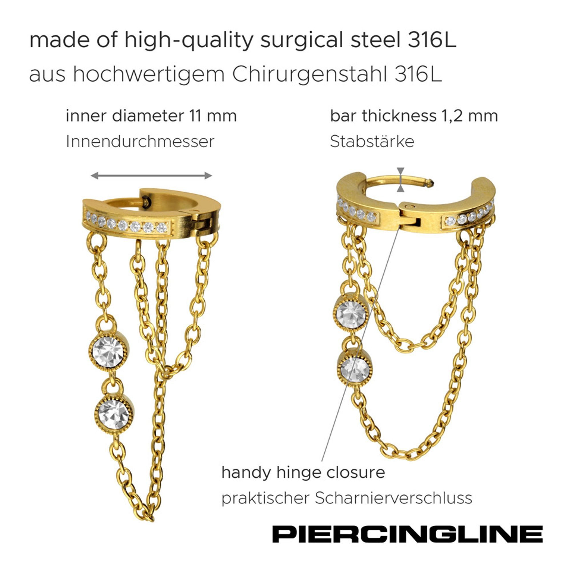 PIERCINGLINE Single-Ohrstecker Chirurgenstahl Ohrclicker KETTEN + KRISTALLE (Clicker, 1-tlg), Ohrpiercing für Conch, Helix, Tragus, Daith, Lobe