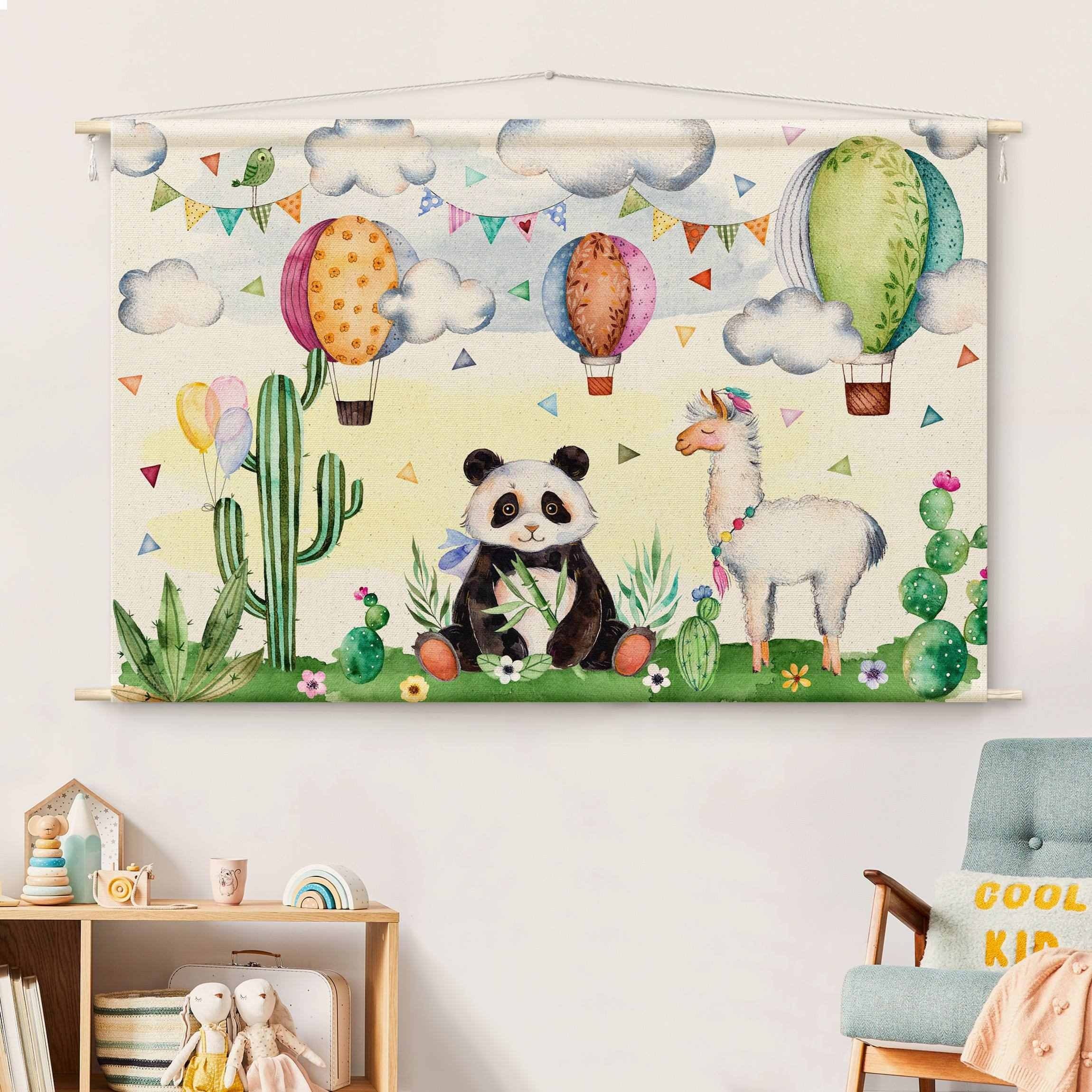 Bilderdepot24 Wandteppich Kinderzimmer modern Aquarell Tiere grün, rechteckig, Höhe: 2.6 mm, großes Wandbild aus Natur-Baumwolle Wandbehang Stoffbild Tuch Wollseil