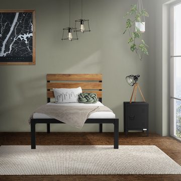 ML-DESIGN Metallbett Bett für Schlafzimmer mit Lattenrost und Holz-Kopfteil Rustikal, Gästebett 90x200 cm Schwarz-Braun Einzelbett Doppelbett