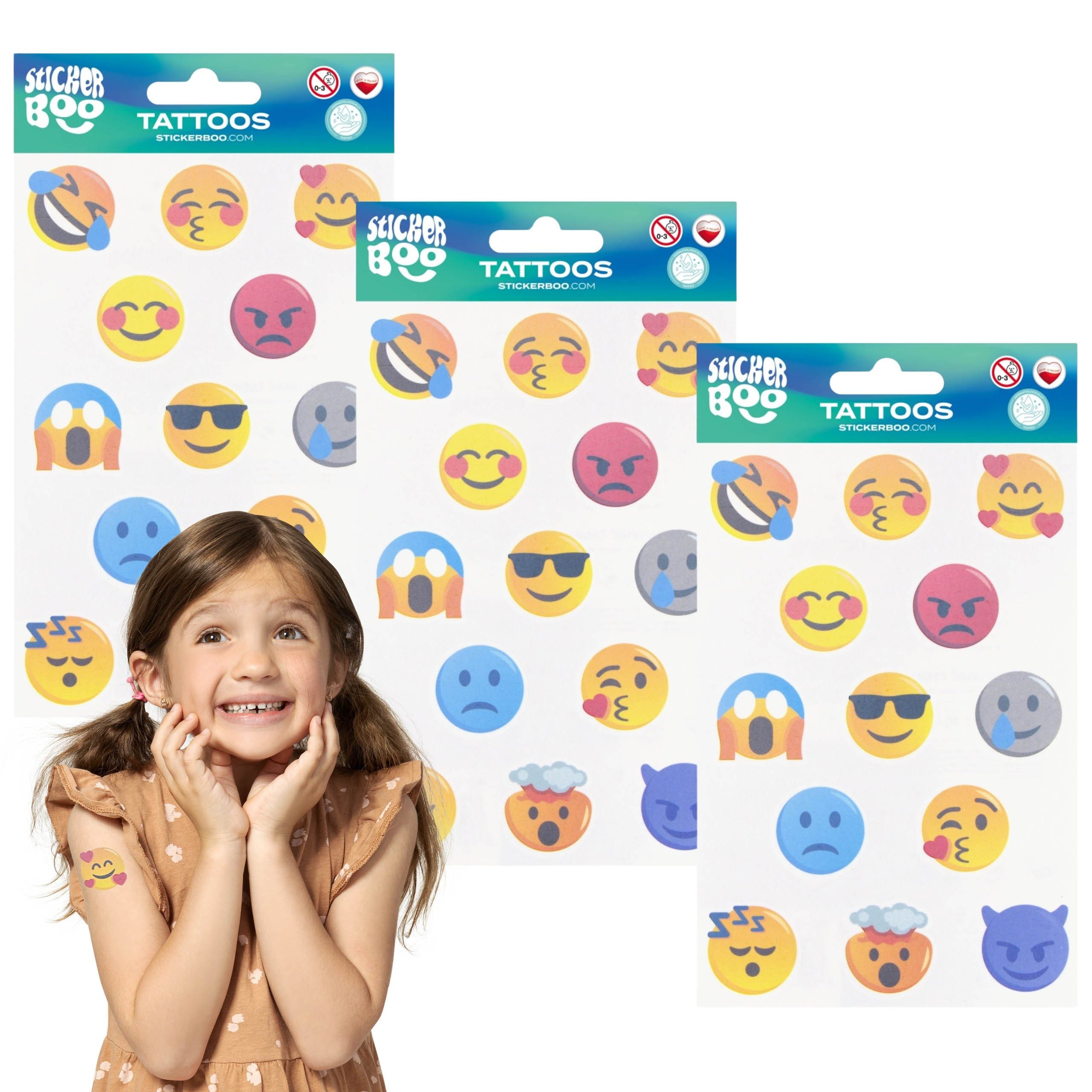 Sarcia.eu Stickerbuch Emoticons Kinder-Tattoo-Set, abwaschbare Kinder-Tattoos x3