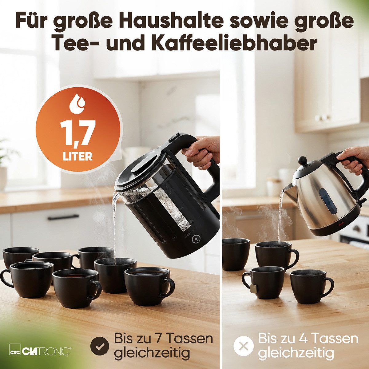 CLATRONIC Wasserkocher WK 3837 G, Wasserkocher Glas, 1,7 Liter