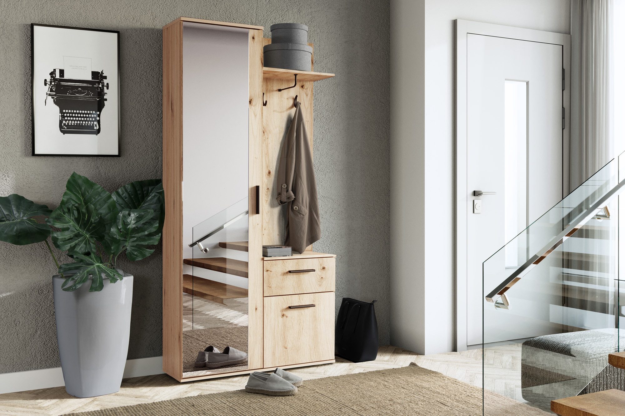 WFL GROUP Kompaktgarderobe Nex Flurgarderobe mit Spiegel, Haken, Schublade & Stauraum (97 cm mit Spiegel, Haken, Schublade & Stauraum) Garderobenschrank für Diele, Flur, Eingang & Vorzimmer