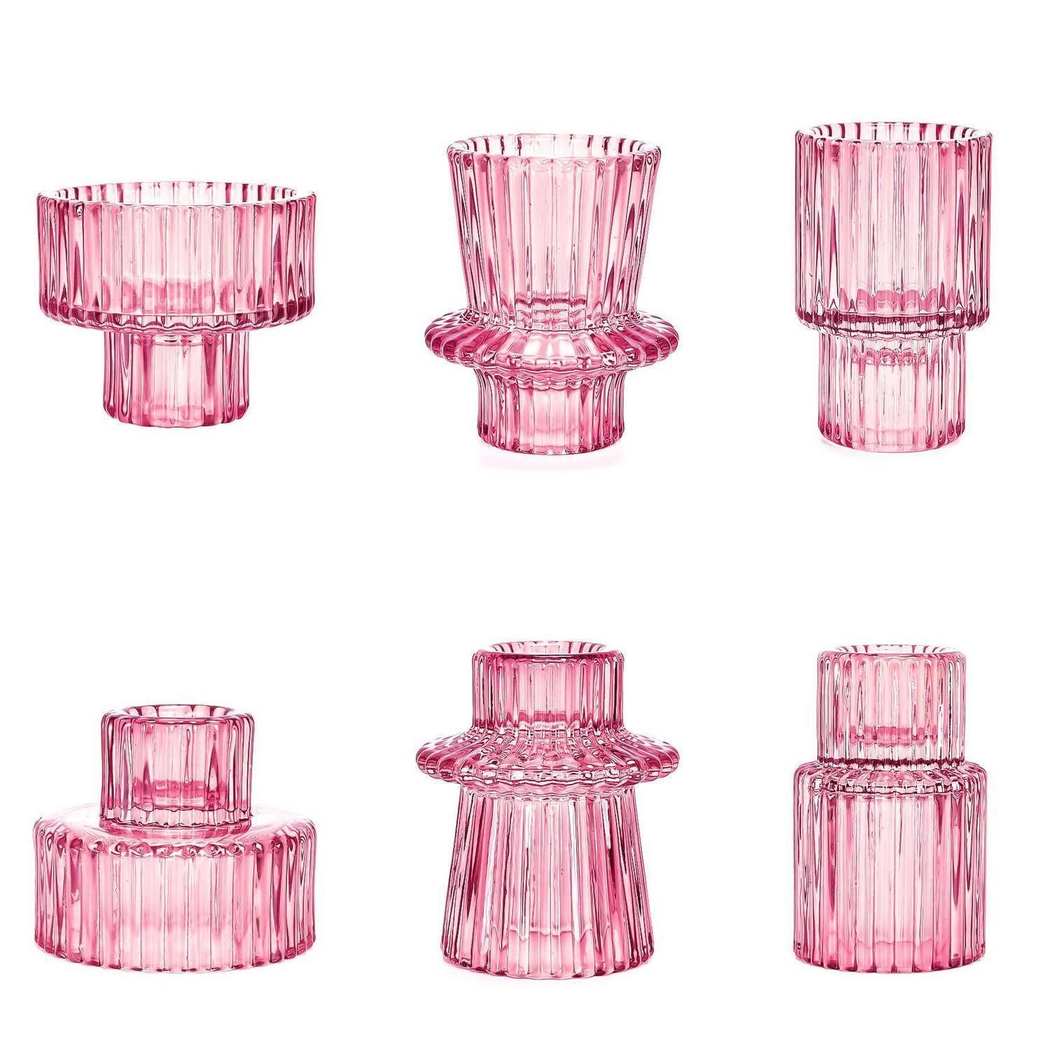 LuxusKollektion Teelichthalter Teelichthalter Glas 6er Set Rosa Transparent Geriffelt (6 St)