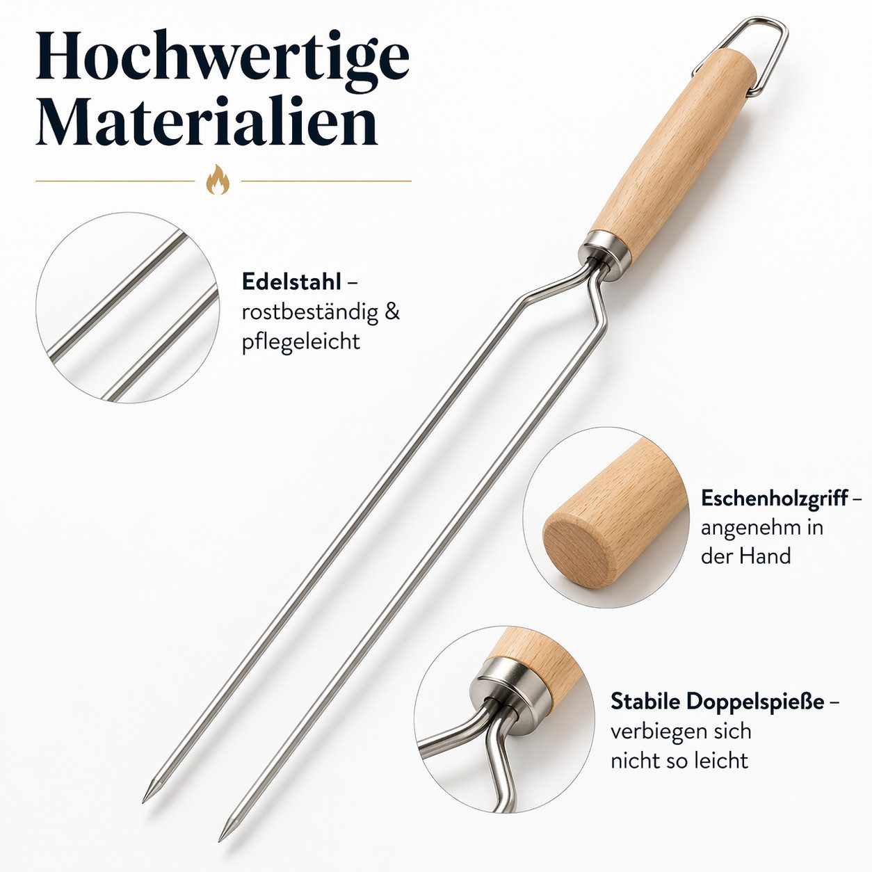 esschert design Grillspieß Bratenspieß aus Edelstahl mit Eschenholzgriff, Doppelspitze, 56 cm (1-St), Breiter Grillspieß