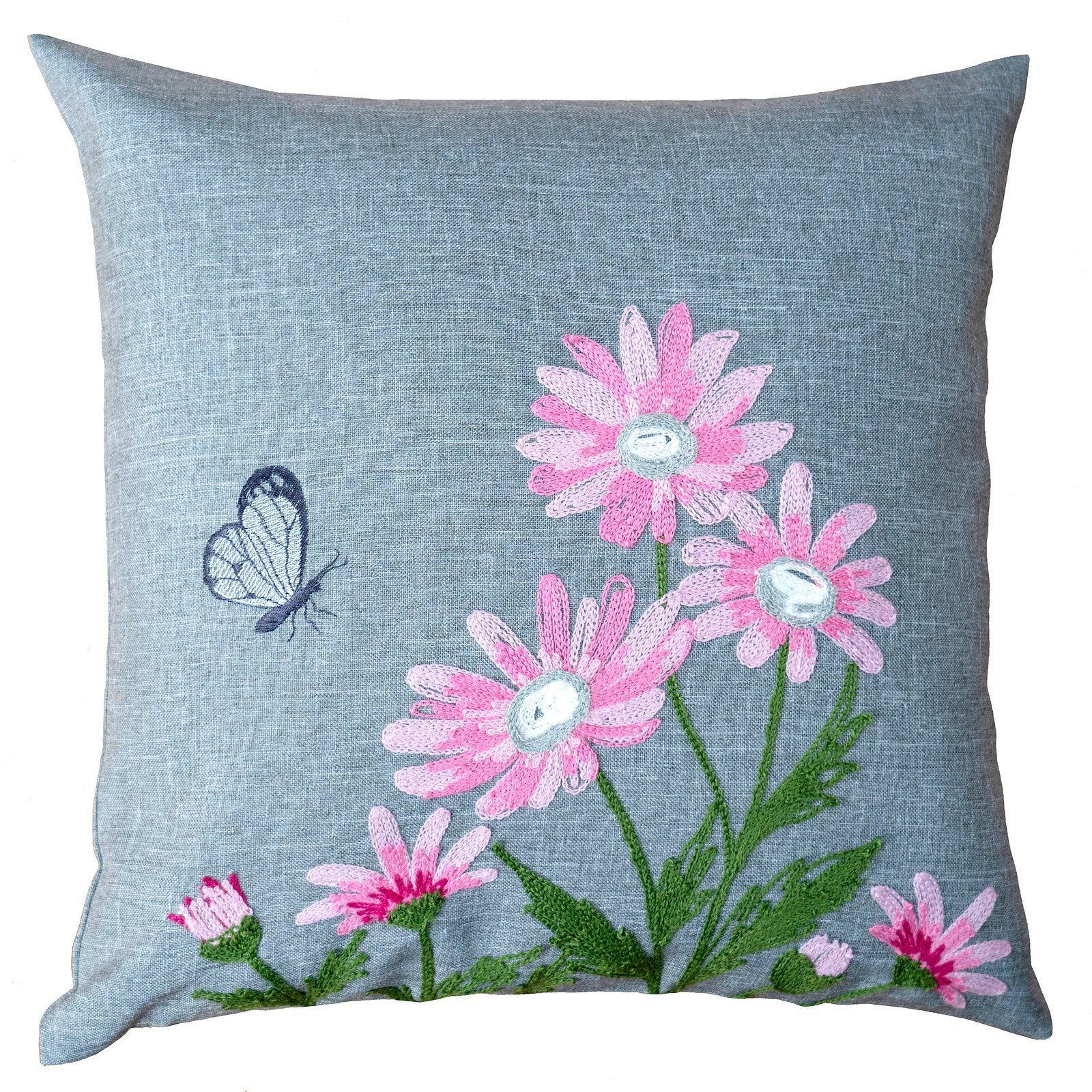 heimtexland Tischdecke Tischdeko Serie Blumen Tischwäsche Deko Kissen (1-tlg), Kissenhülle 40x40 I rosa bestickt I Leinen-Optik