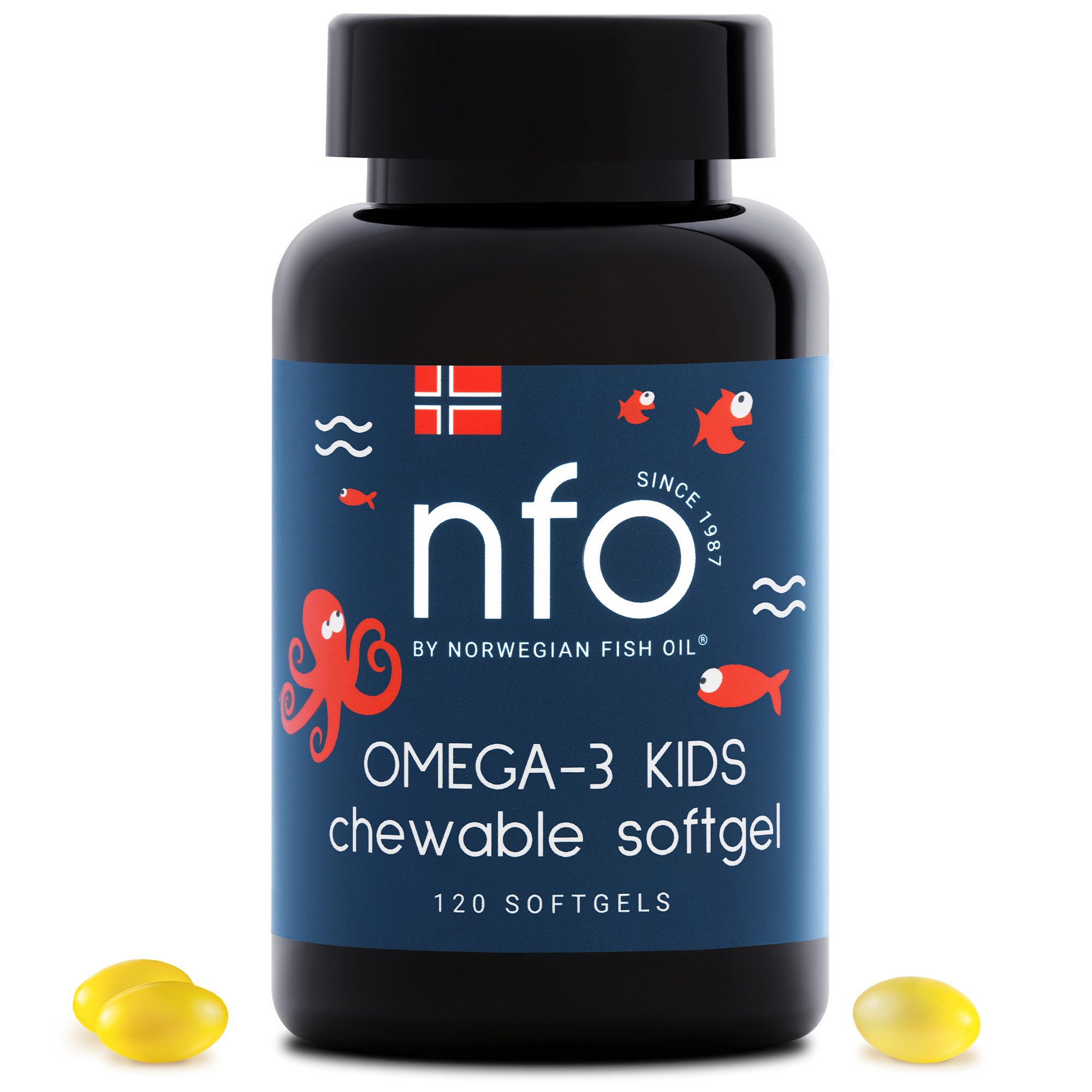 NFO Omega 3 Kids - mit hochdosierte EPA & DHA +Vitamine E, C und D Kaukapseln, 1 er für Kinder à 120 St., 120 g, Norwegisches Fischöl in Triglyzeridform