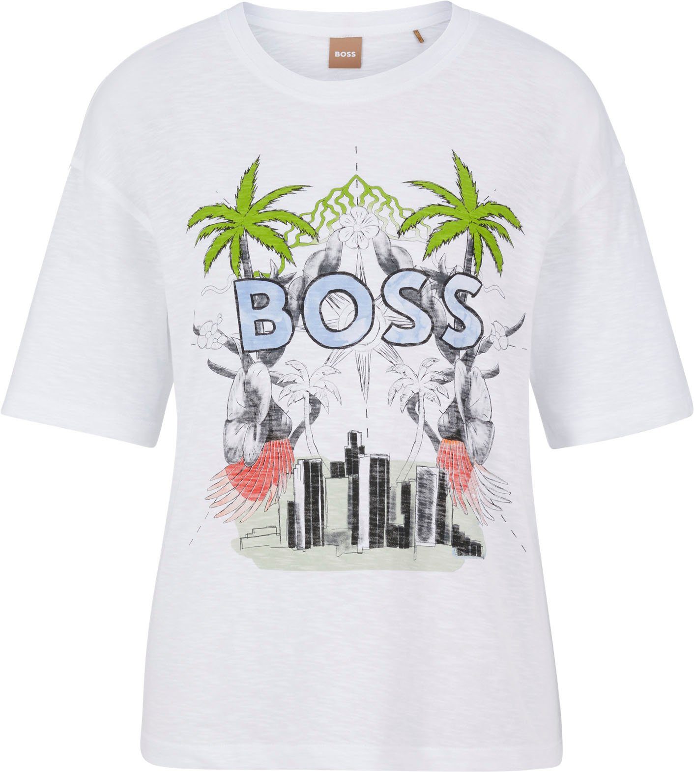Print-Shirt Palmen-Print BOSS mit ORANGE vorn
