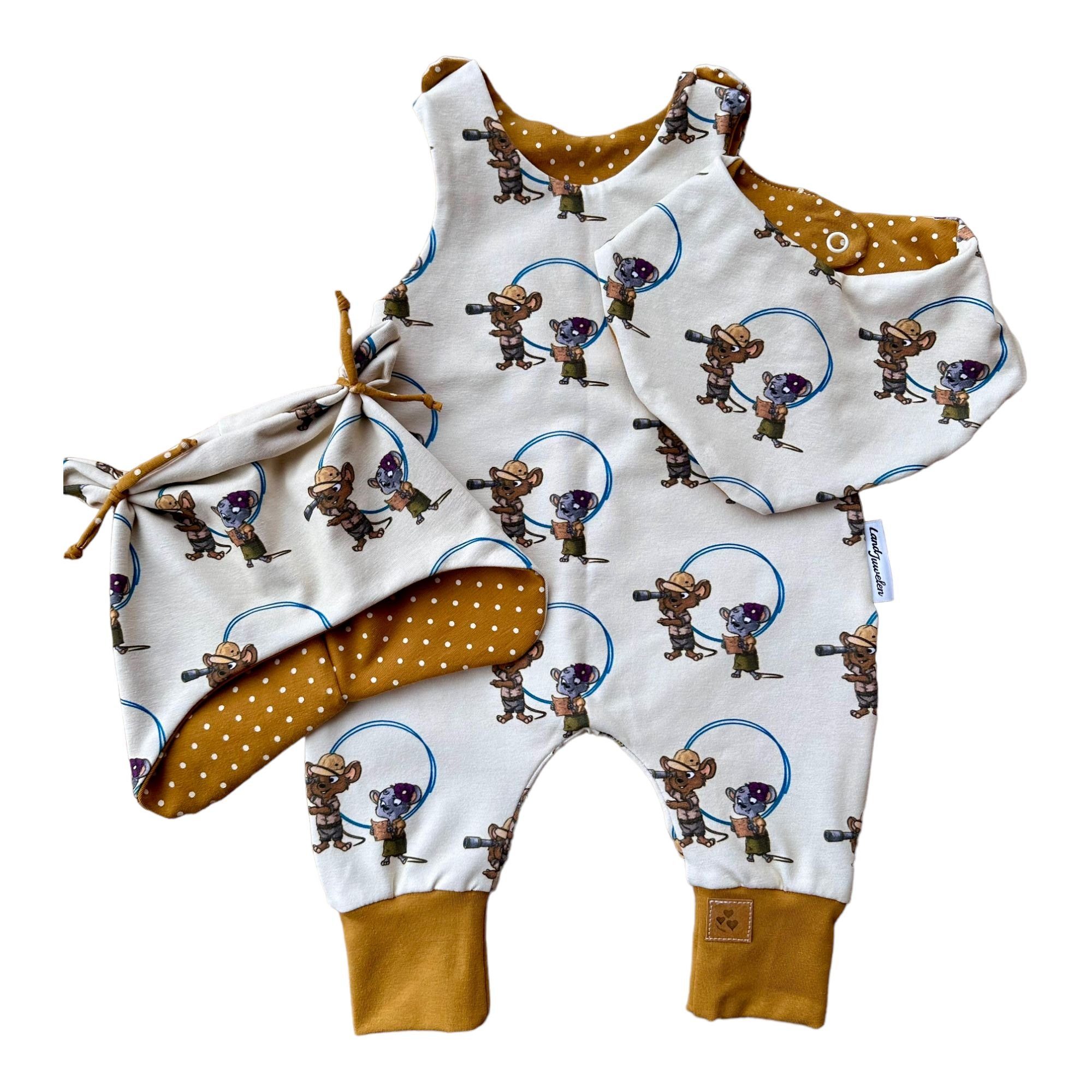Neugeborenen-Geschenkset 3er Set Strampler Mütze Tuch "Die Bademeusel" Mäuse beige