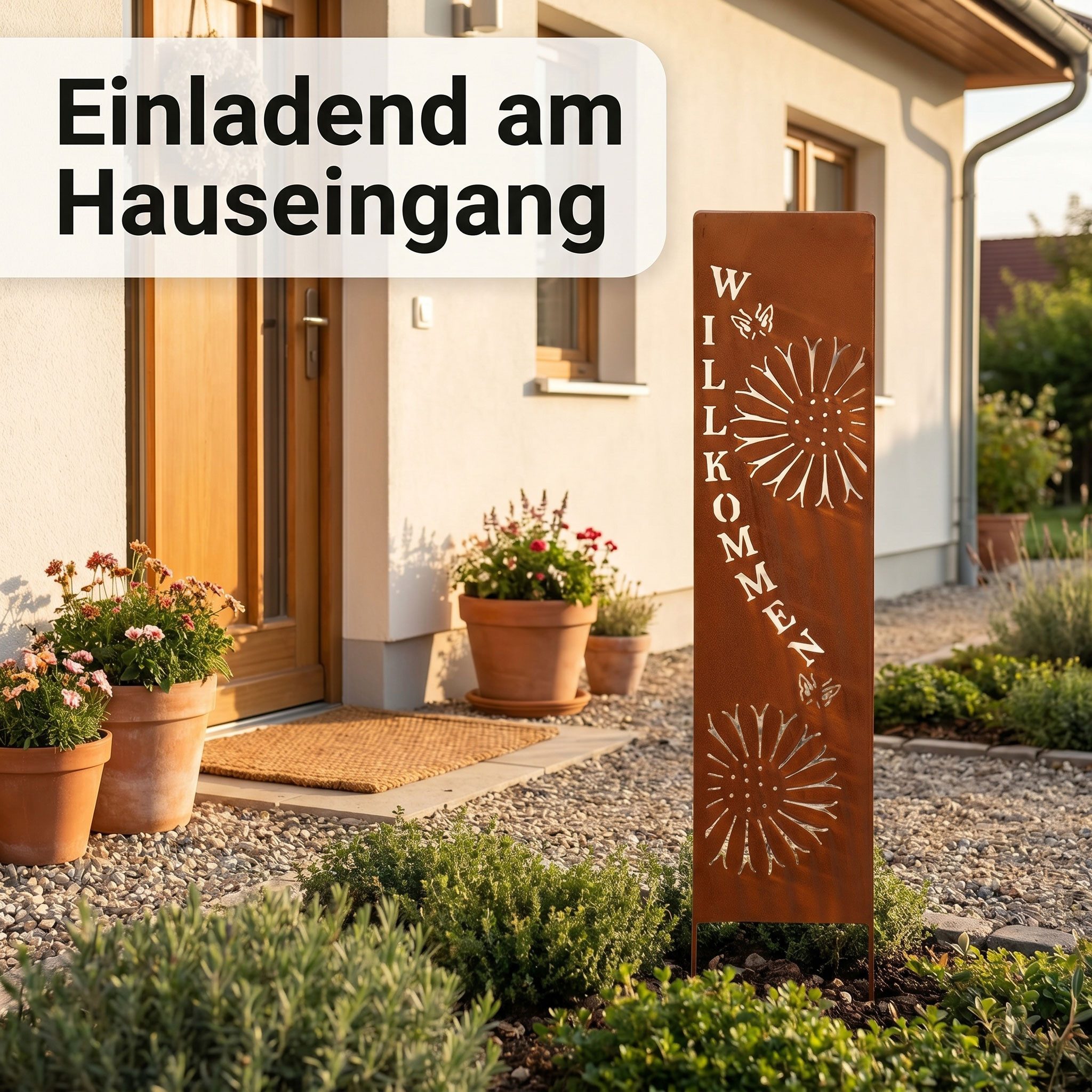 Levandeo® Gartenstecker Gartenstele Willkommen Metall Edelrost 20x100cm Blumen Schmetterling – Bild 5 von 5