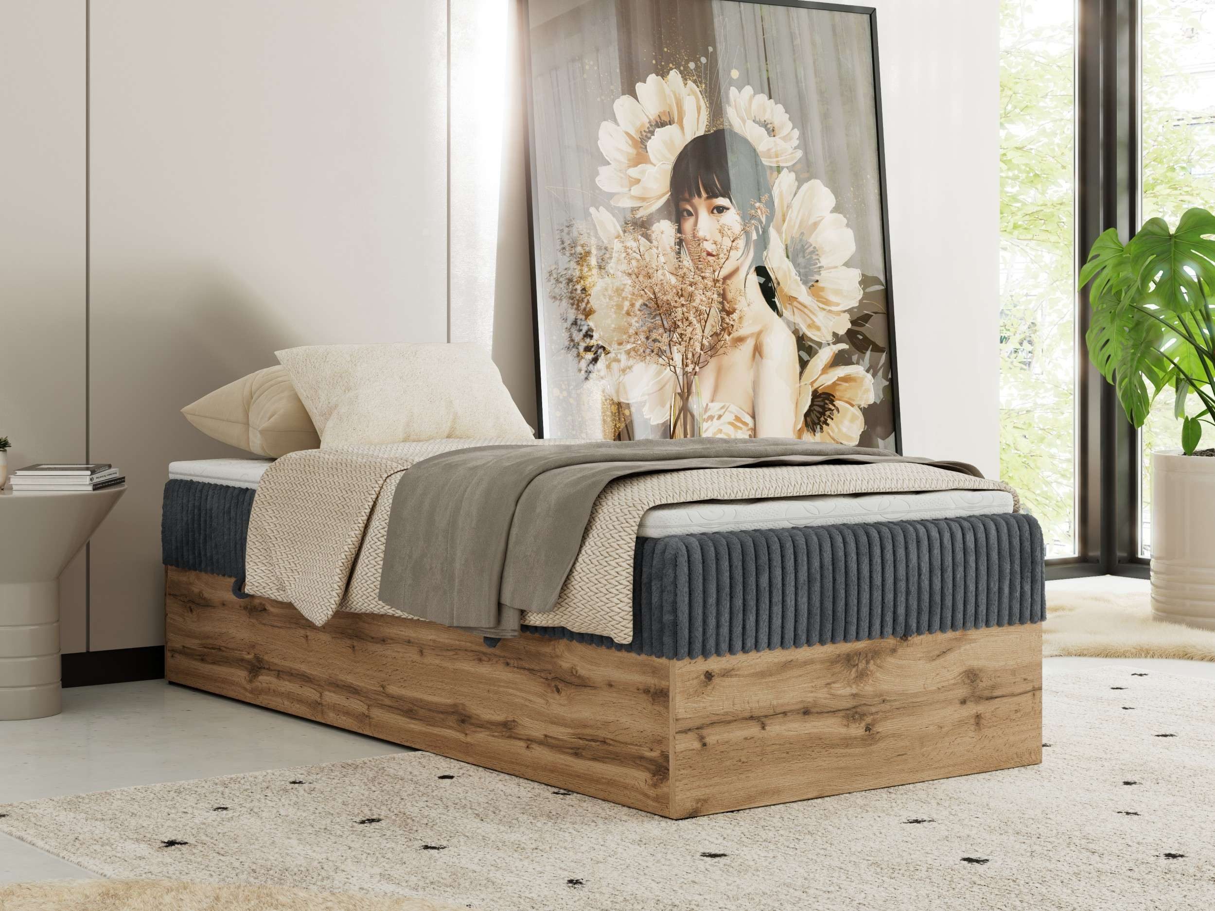 MKS MÖBEL Boxspringbett WOOD ZERO 90 (Set, Bett, Hotelbett, ohne Kopfteil, Topper T25 oder Visco), Polsterbett, Bettkasten, Öffnung, Härtegrad H3/H4