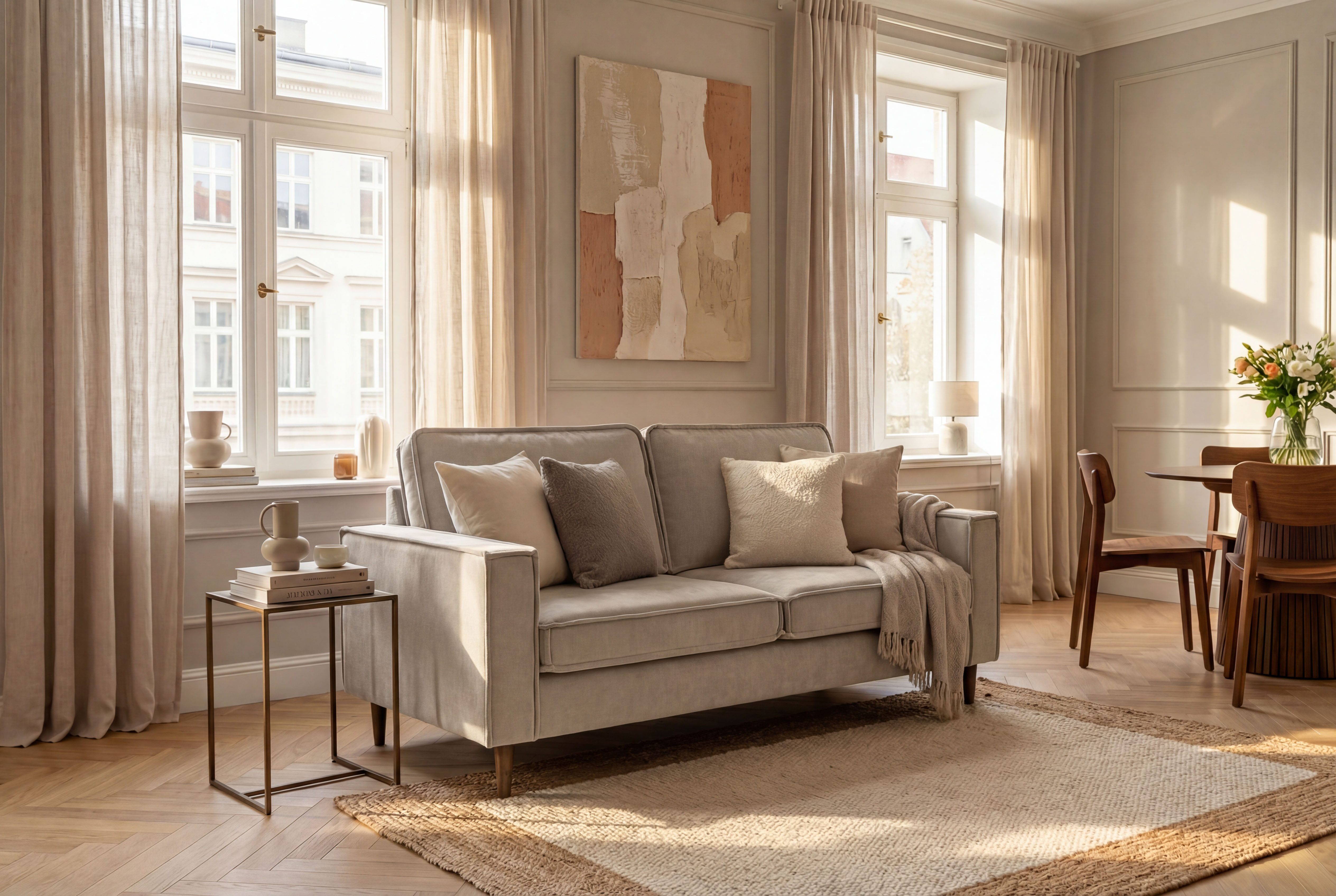 Home affaire 2-Sitzer Pinto Skandi, 166 cm, Chenille, Struktur, mit Keder, Massivholzfüße Eiche geräuchert, Wellenunterfederung