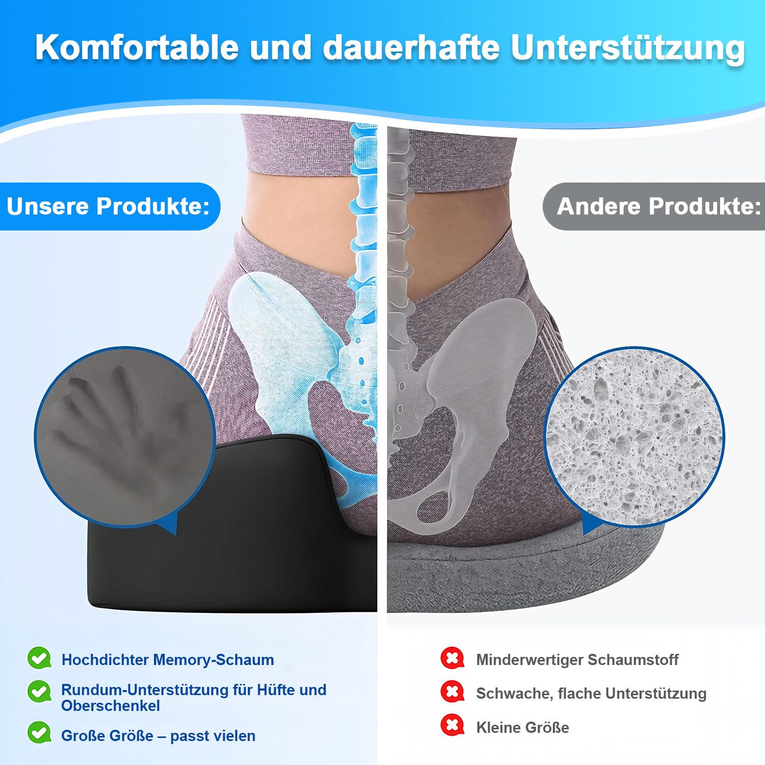 HEYHIPPO Sitzkissen Sitzkissen Memory Foam ergonomisch für Büro & Auto Schwarz 45×46×16cm, Hohles Sitzkissen groß –Druckentlastend für Bürostuhl, bis 90 kg – Bild 5 von 5