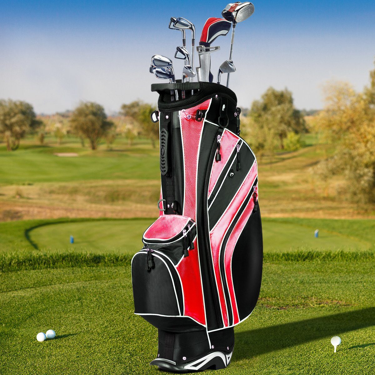 mit Regenschirmhalter Ständer, COSTWAY rot+schwarz + Golfbag, Golftrolley