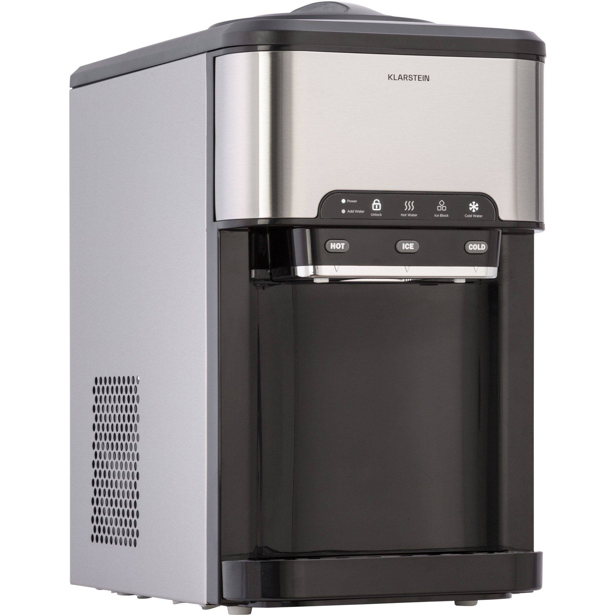 Klarstein Eiswürfelmaschine Aqueous Eiswürfelmaschine 3-in-1 20 kg/24h Eis+Eiswasser+Heißwasser 3L, Eiswürfelbereiter Ice Cube Maker mit Wasserspender & Eisschaufel