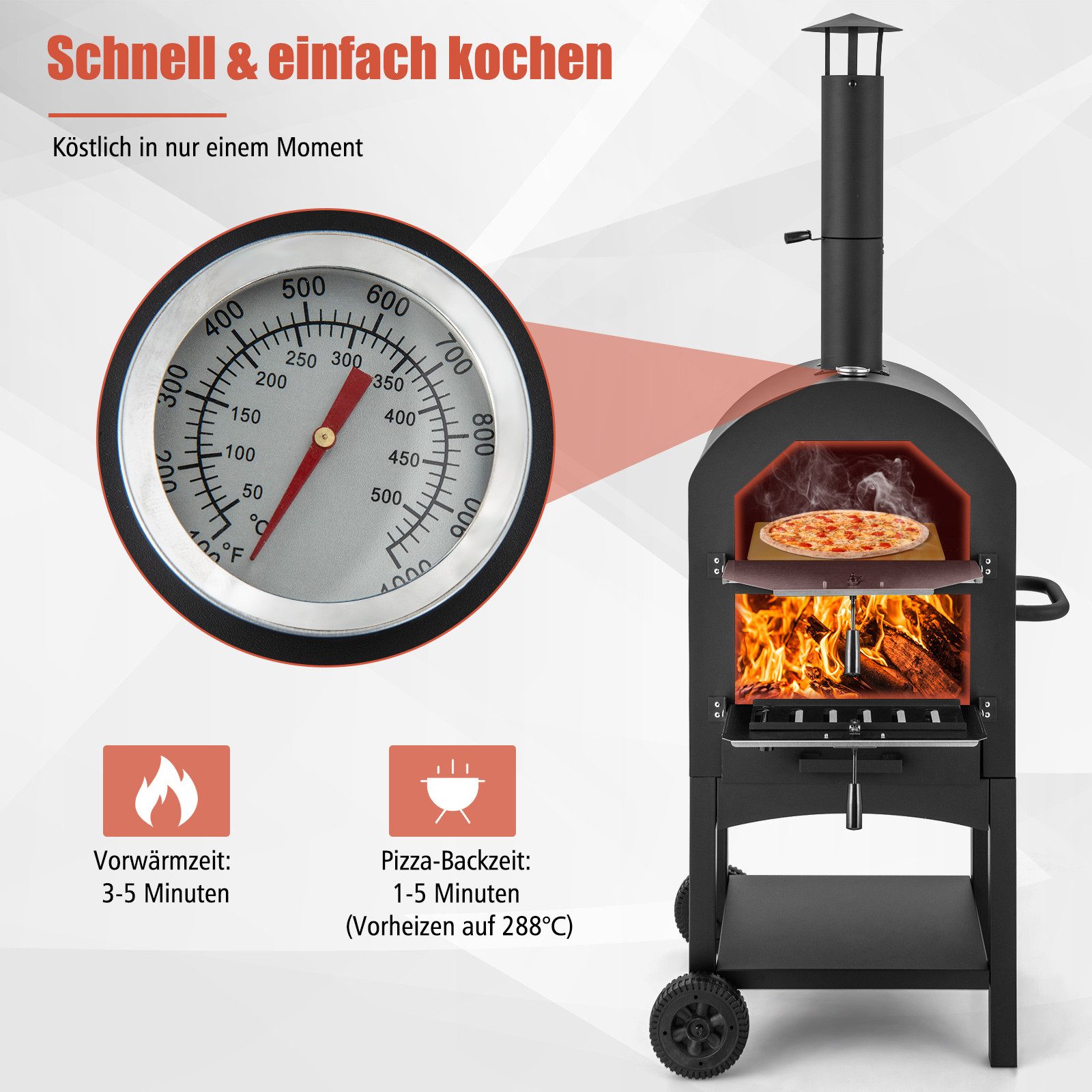COSTWAY Pizzaofen, Holzofen outdoor, mit Griff & Thermometer