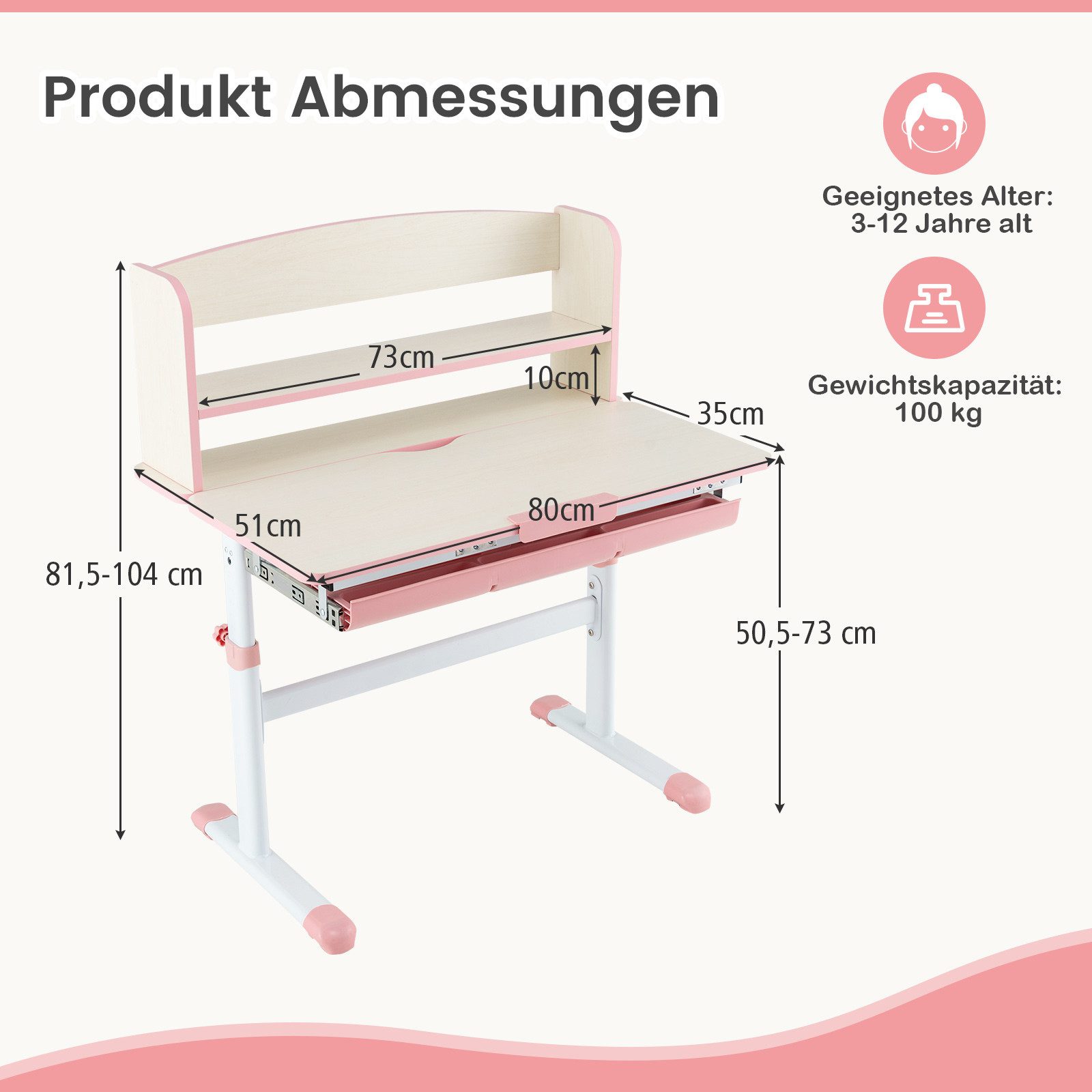 COSTWAY Kinderschreibtisch, höhenverstellbar, neigbarer mit Bücherregal, Schüler