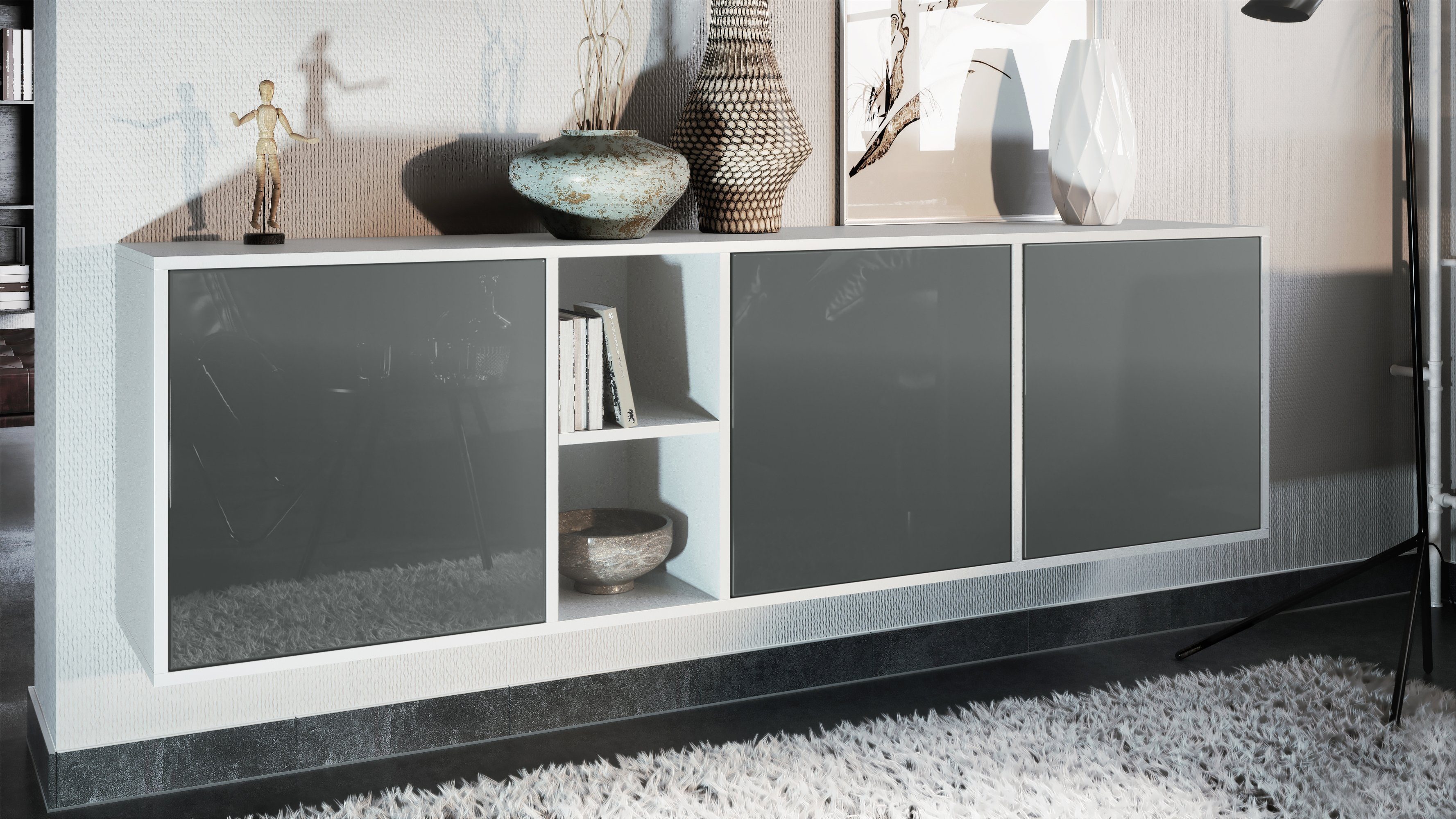 Vladon Sideboard Cuba (Kommode, mit 3 Türen und 2 offene Fächer), Weiß matt günstig online kaufen