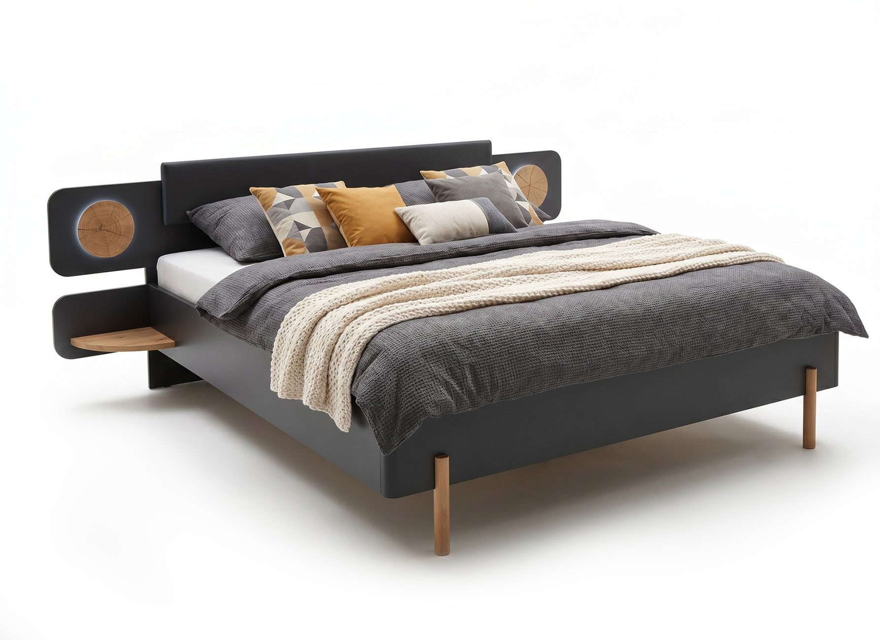 Wimex Futonbett Valencia (mit Bettschubladen, mit 2 Nachtkonsollen, 3-tlg., moderner Optik, gepolstertes Kopfteil mit LED-Beleuchting), 180x200cm graphit mit Polster und Nachtkonsolen