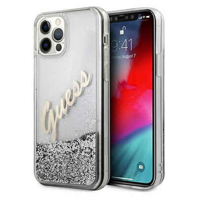 Guess Handyhülle Guess Apple iPhone 12 Pro Max Silber Glitter Vintage Script Glitzer Hard Case Cover Schutzhülle Etui