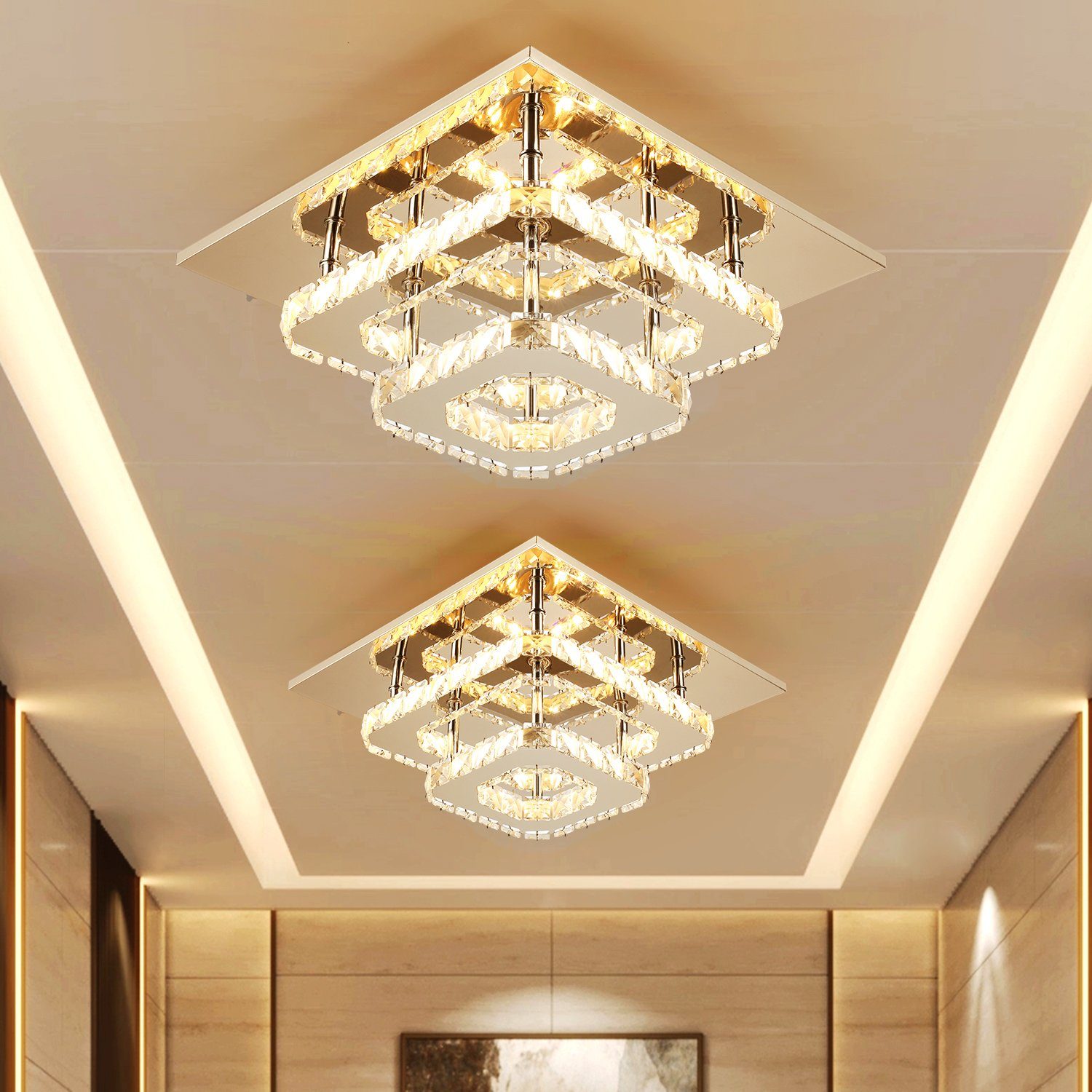 oyajia Deckenleuchte 36W Luxus Kristall LED Deckenlampe, Moderne Edelstahl Kronleuchter, LED fest integriert, 30x30x12cm, LED Kristall Deckenlampe Pendelleuchte, für Wohnzimmer Flur 1 Stück Warmweiß