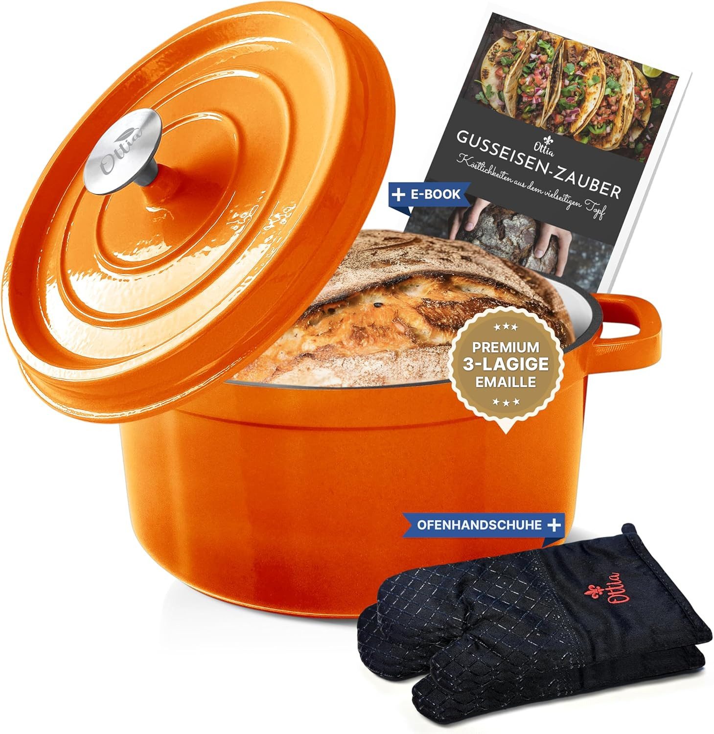 Ottia Schmortopf Gusseisen Topf, 3-fach Emaille, 26cm groß, 5 Liter, inkl viel Zubehör, Emaille, Gusseisen (inkl. Handschuhen & E-Rezeptbuch), Händler aus Hamburg