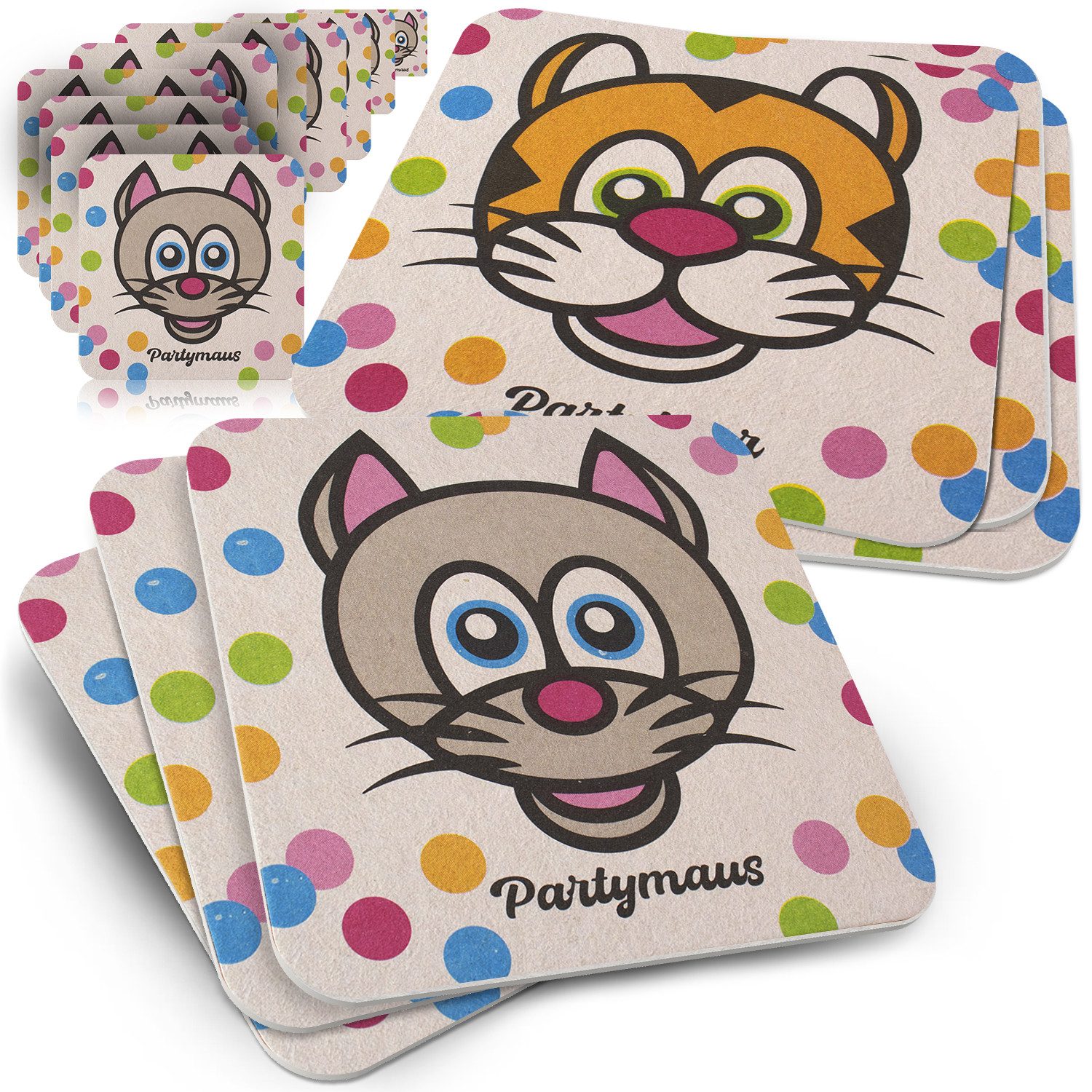 Funke & Brand Bierdeckel Funke & Brand 50x Bierdeckel Partymaus & Partytiger Geburtstag