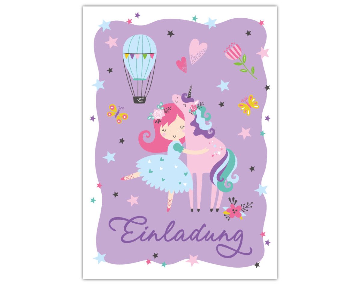 JUNAPACK Einladungskarten Ballerina Einladungen zum Kindergeburtstag Ballett Karten Mädchen lila, Einladungskarten mit Ballerina Motiv lila zum Geburtstag Einhorn