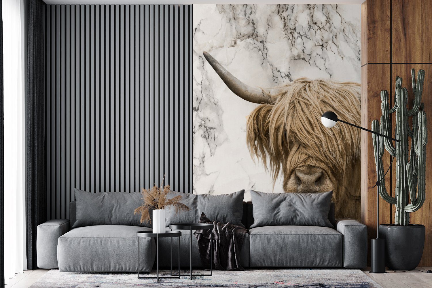 MuchoWow Fototapete Schottischer Tapete Wandtapete - Highlander Marmor, Montagefertig Kuh bedruckt, - Wohnzimmer, St), (3 für Matt, Vinyl