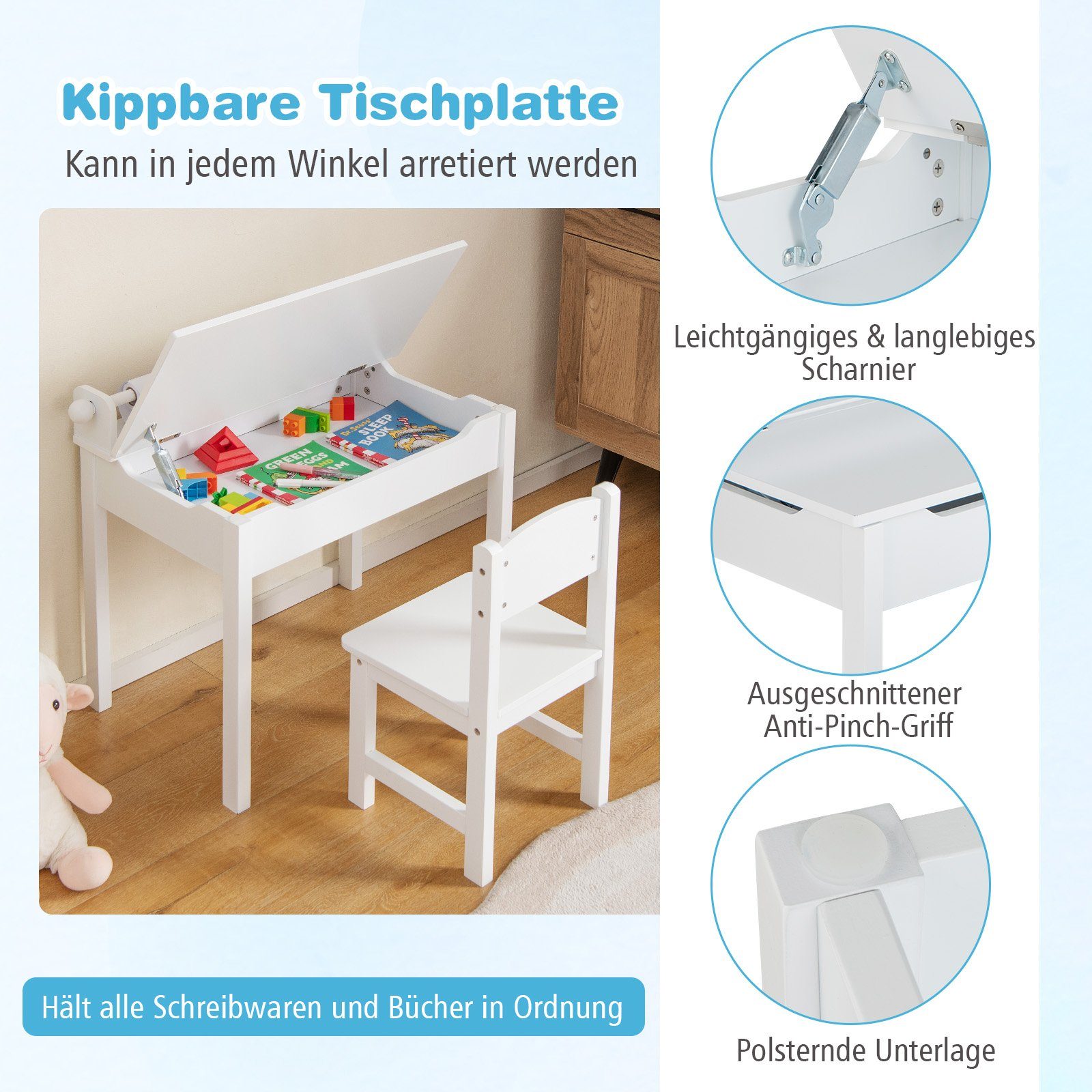 COSTWAY Kinderschreibtisch mit Stuhl Set & Papierrollenhalter, mit Papierrollenhalter – Bild 4 von 5