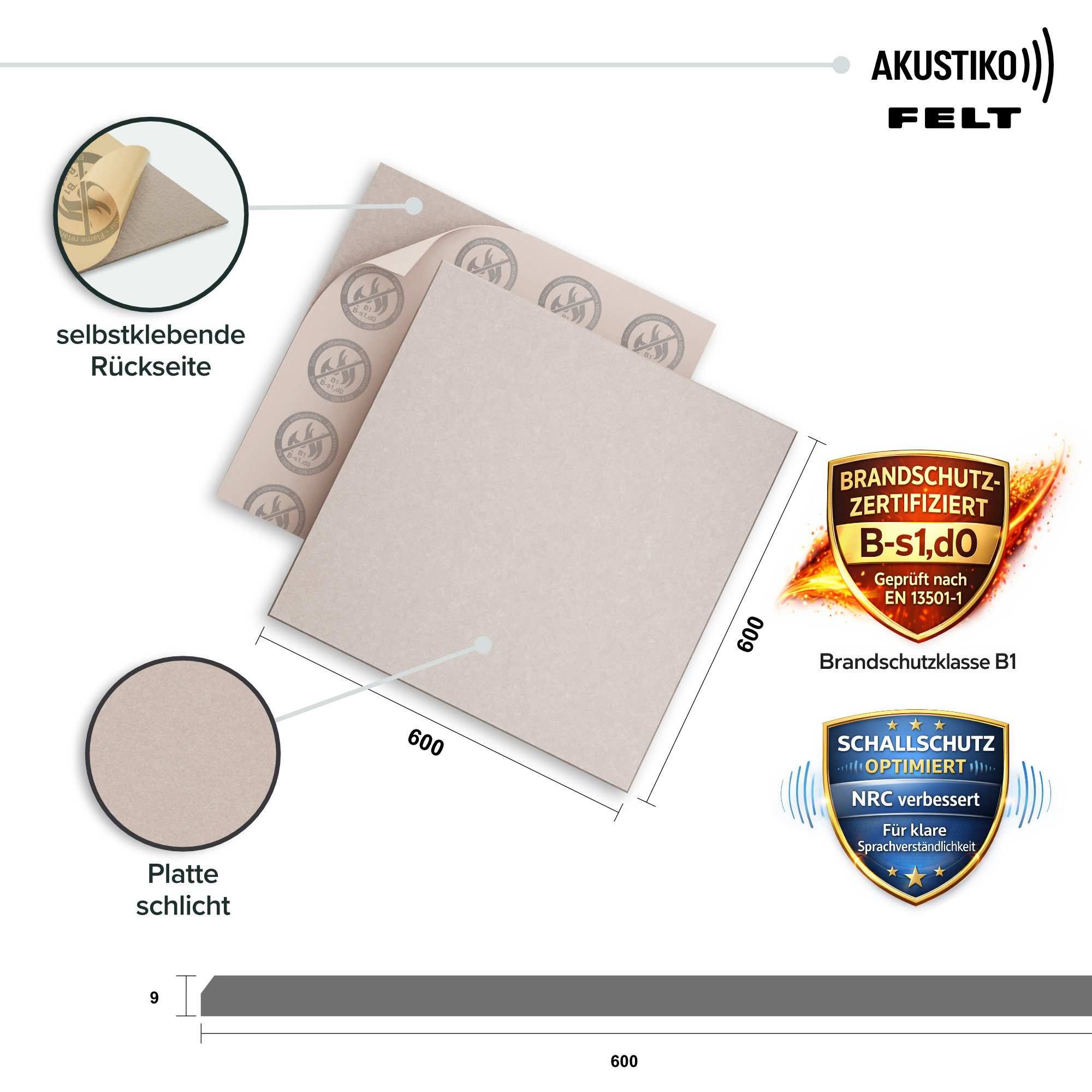 AKUSTIKO Schallschutzpaneel, (Selbstklebend 60x60cm - 4 Stück Taupe Akustik Wandpaneele Brandschutzklasse B-s1-d0 Panels Filz 9mm Hexim Decken- & Wandverkleidung Heimkino Decke (1.44m)