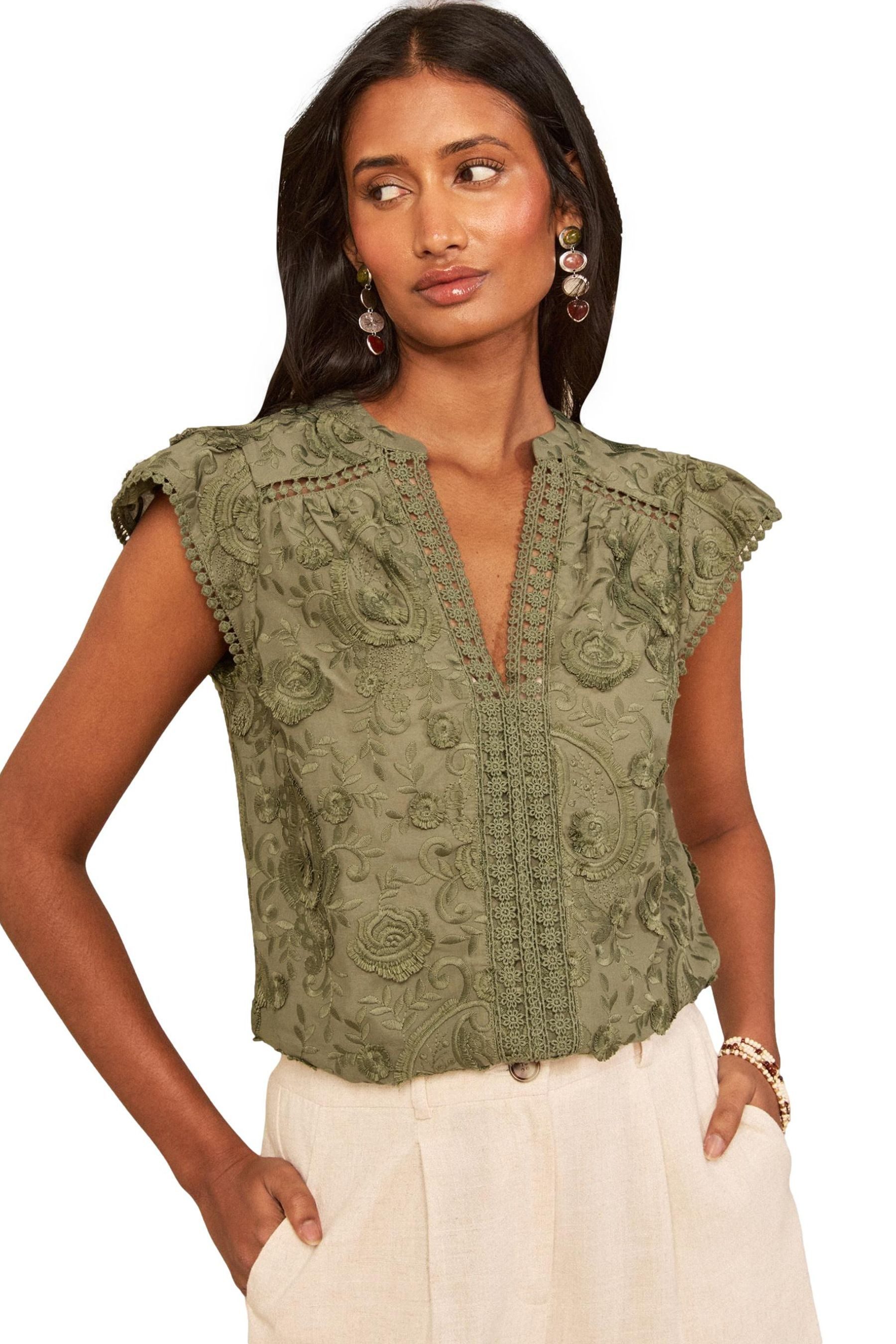 Kurzarmbluse Love & Roses Paisley-Bluse mit Kreuzschraffur