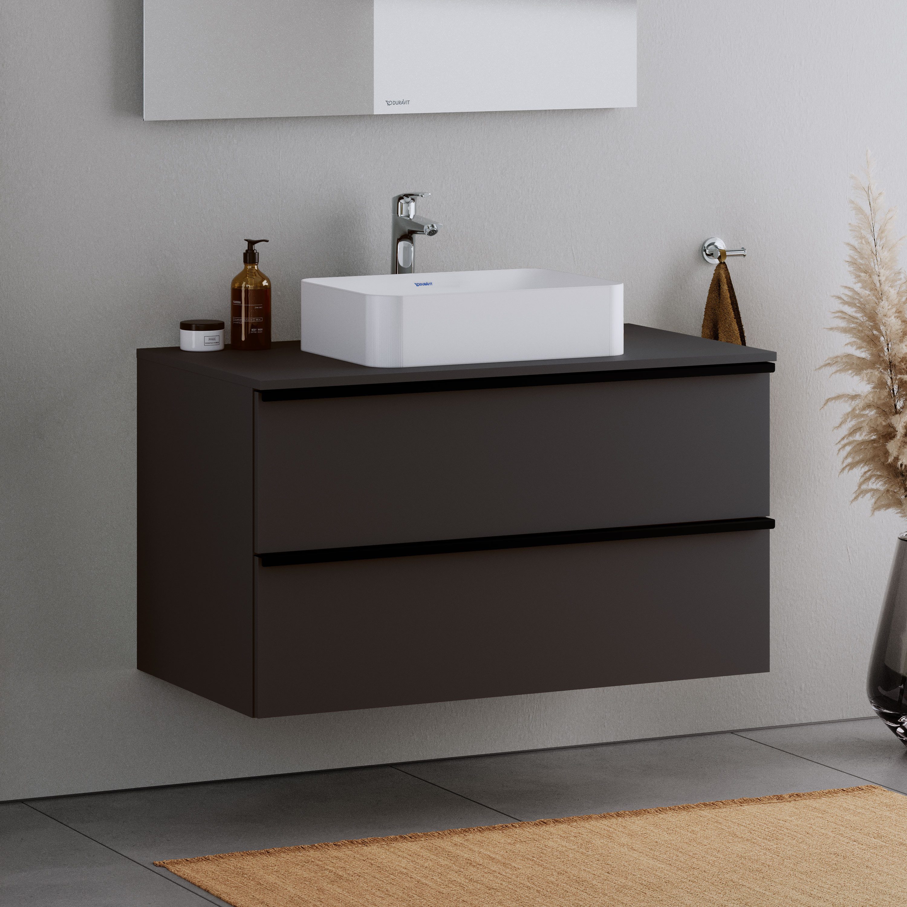 Duravit Waschbeckenunterschrank DuraPoint Graphit matt 100cm Waschtischunterschrank für Aufsatzbecken 2 Auszüge Griffleiste schwarz