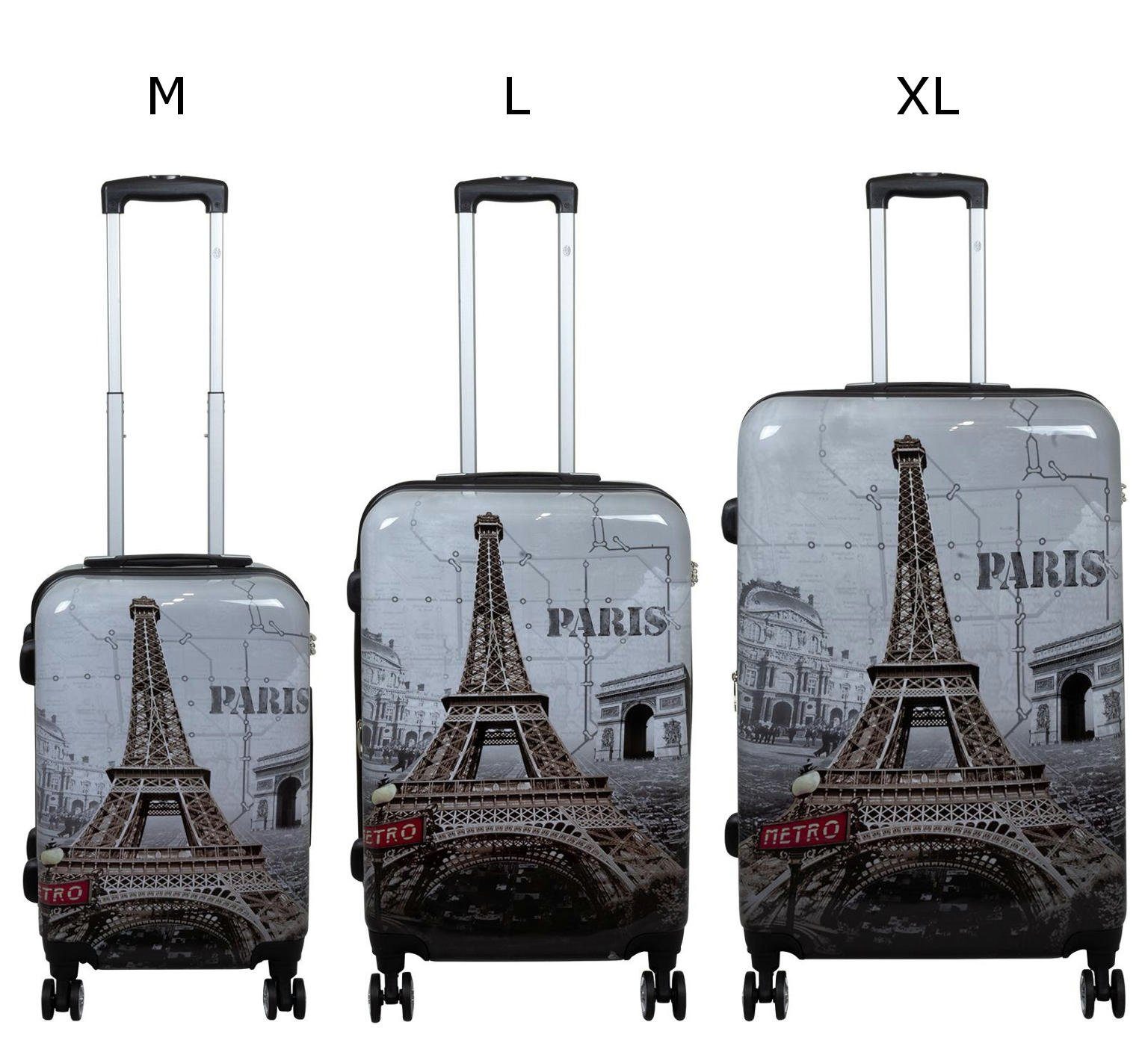 Warenhandel König Trolleyset Paris Eiffelturm, 4 Rollen, (Gr. M, L und XL, 3 tlg., Hartschalen Trolley Set), mit Motiv, Dehnfalte zur Vergrößerung des Packvolumens
