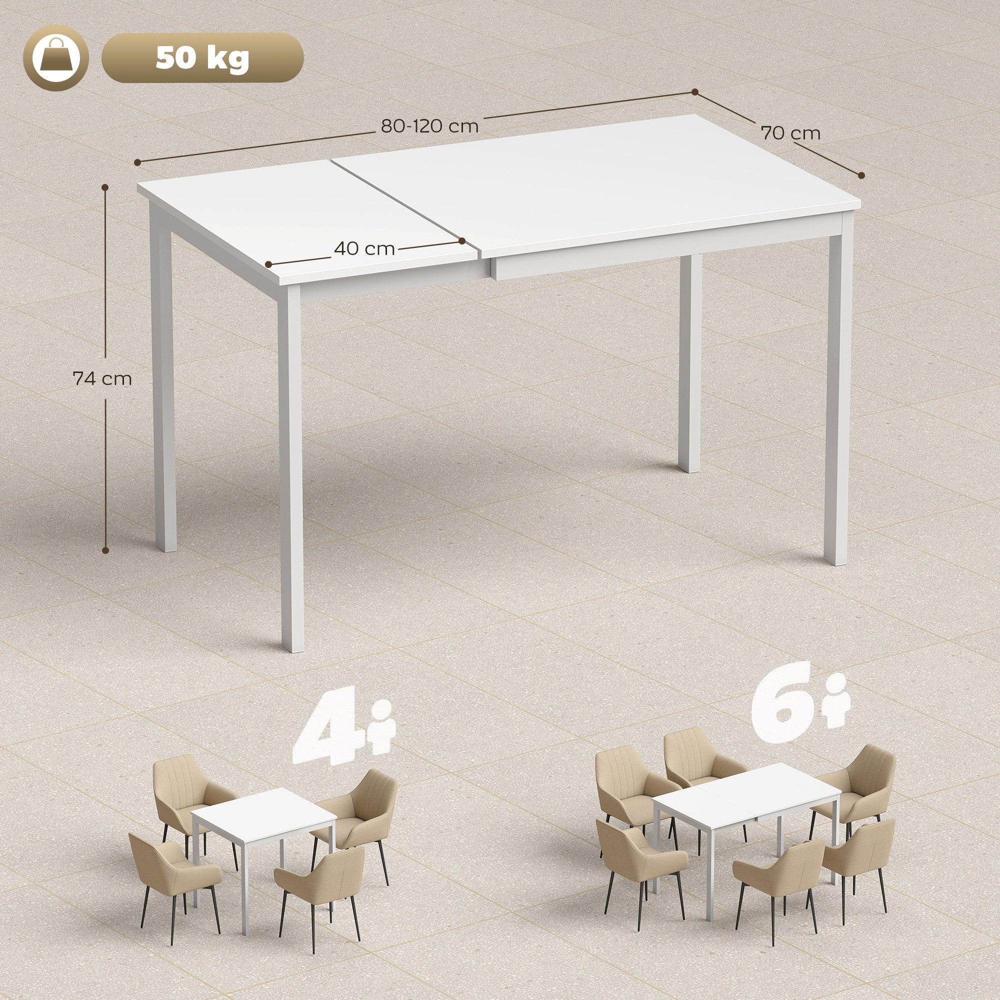 HOMCOM Esstisch Küchentisch Rechteckiger Esszimmertisch für 4-6 Personen, Weiß (1 Tisch, 1-St., 1 Tisch), Ausziehbar von 80 auf 120 cm, platzsparend, stabil