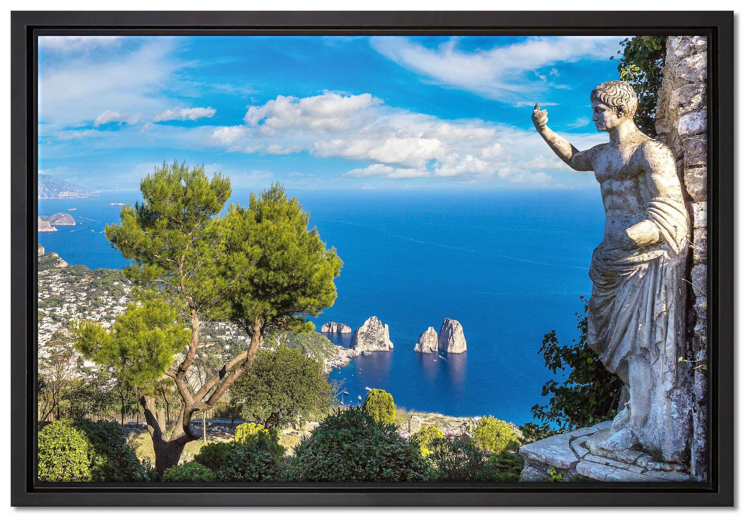 Pixxprint Leinwandbild in Leinwandbild gefasst, St), inkl. Schattenfugen-Bilderrahmen Zackenaufhänger (1 in Wanddekoration Insel einem Capri fertig Italien, bespannt