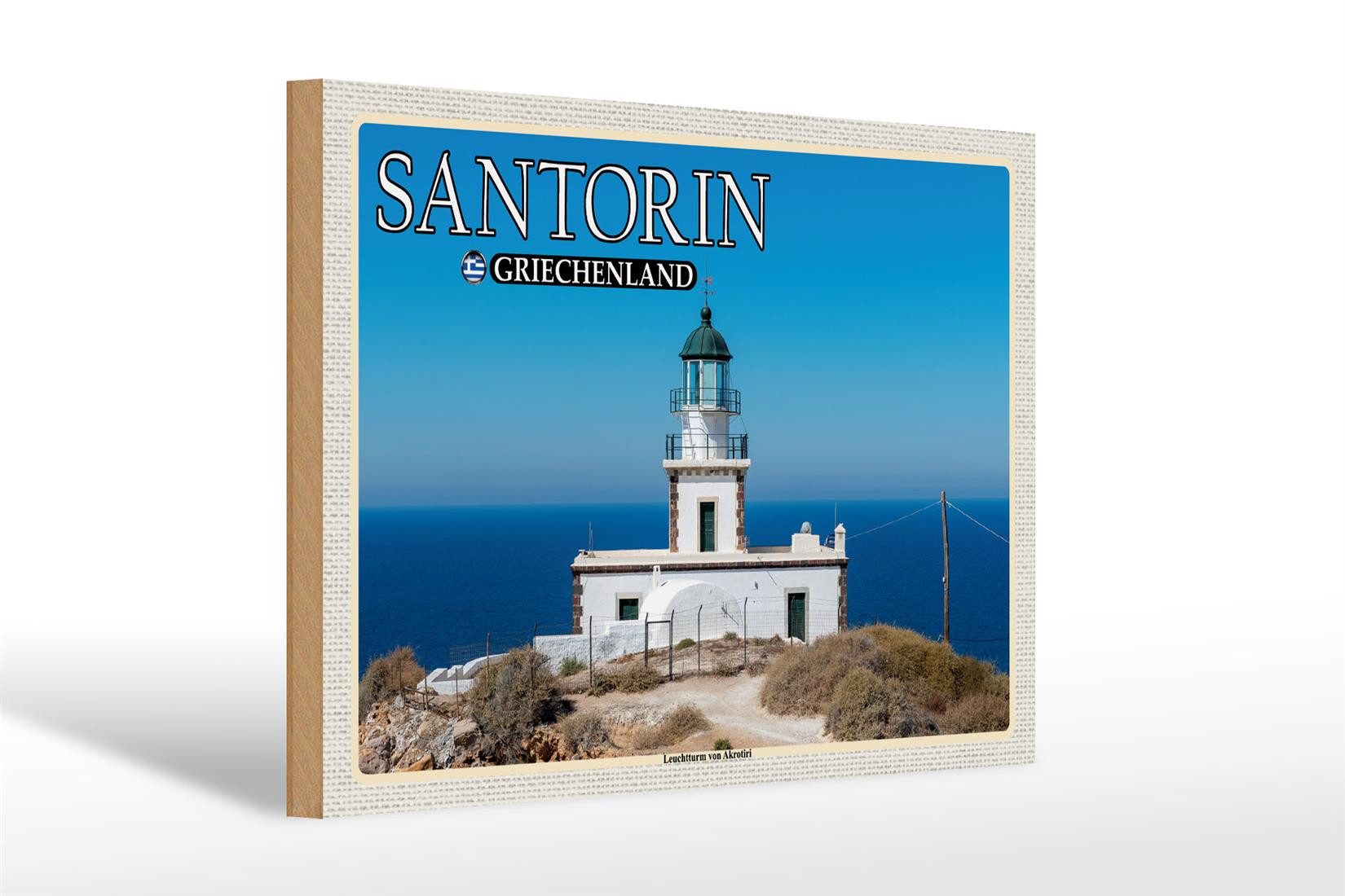 Femer GmbH Holzbild Reise 30x20cm Santorin Griechenland Leuchtturm Akrotiri, (1 St), Glatte Holzfaserplatte (MDF), vorn beschichtet