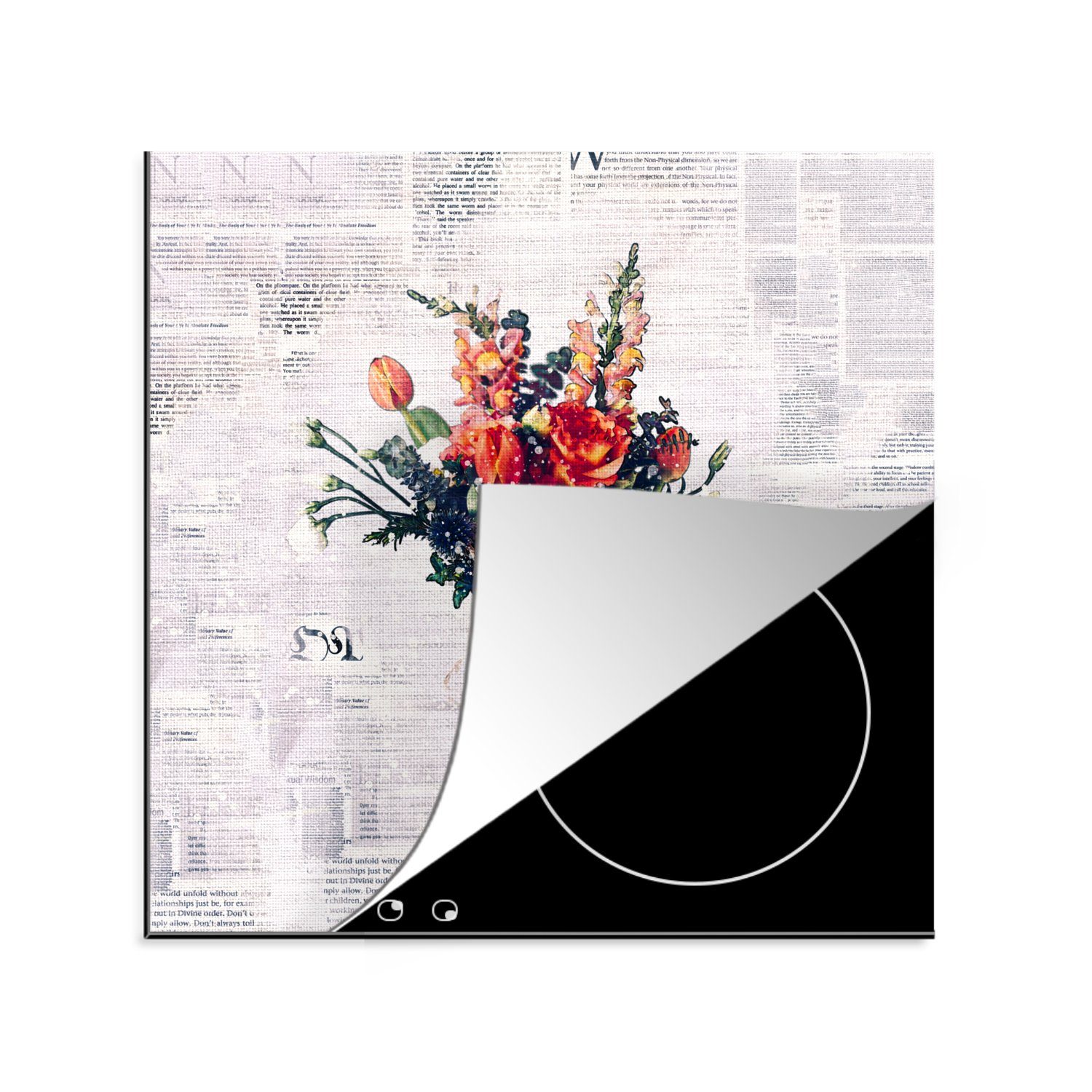 - - MuchoWow Zeitungspapier, Vinyl, Herdblende-/Abdeckplatte Arbeitsplatte küche 78x78 (1 Blumen für Ceranfeldabdeckung, cm, tlg), Vase