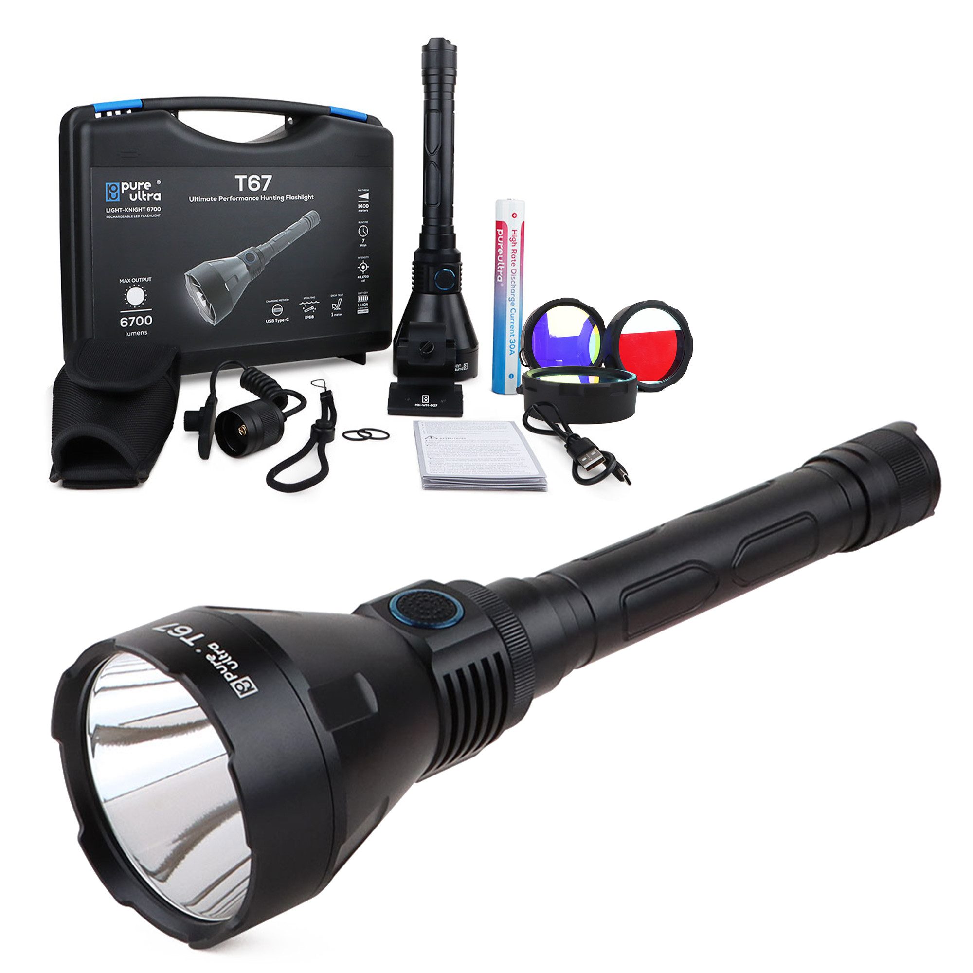 PureUltra LED Taschenlampe T67, 1400m Reichweite, 6700Lm, Search & Rescue, Farbfilter für Einsätze